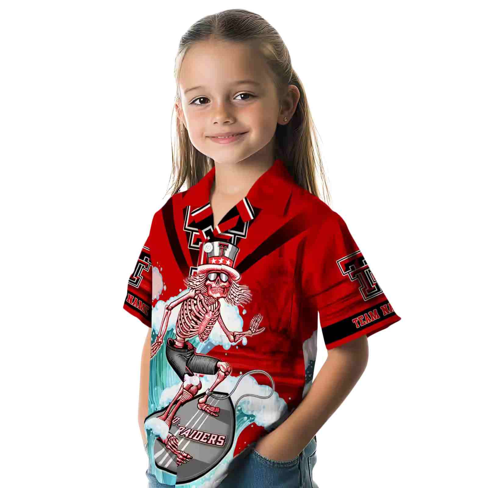 customized texas tech red raiders surfing skeleton red blue hawaiian shirt premium grade