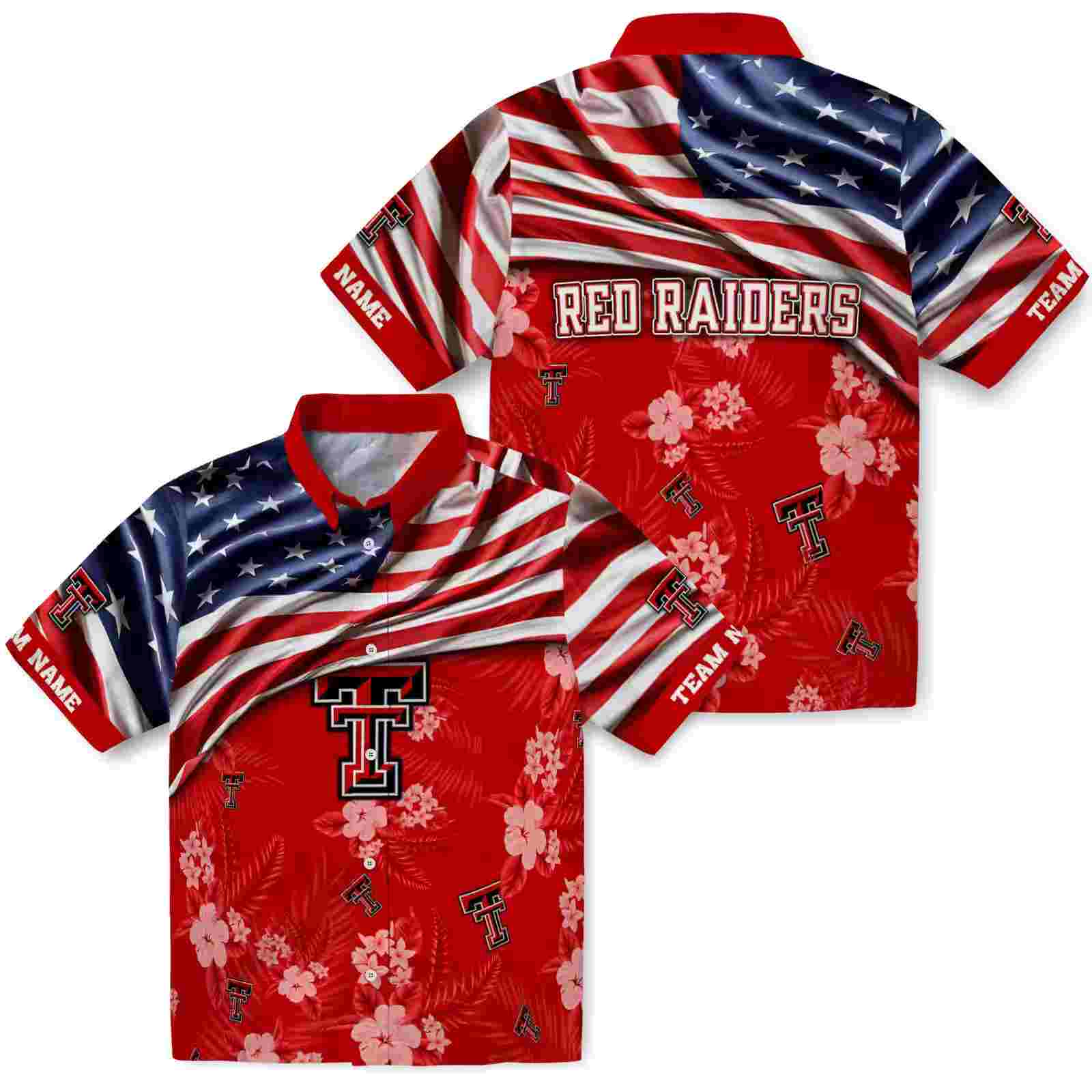 customized texas tech red raiders us flag hibiscus red hawaiian shirt high quality