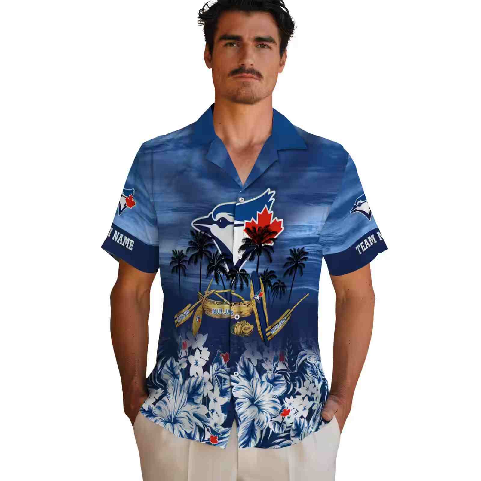 customized toronto blue jays tropical canoe blue hawaiian shirt fashion forward