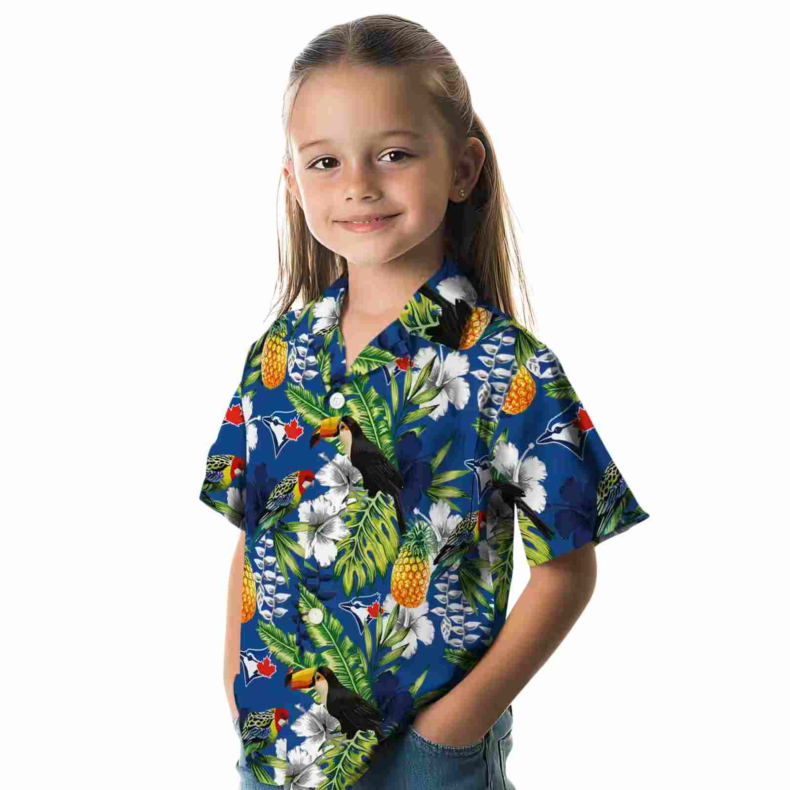 customized toronto blue jays tropical toucan blue green hawaiian shirt premium grade