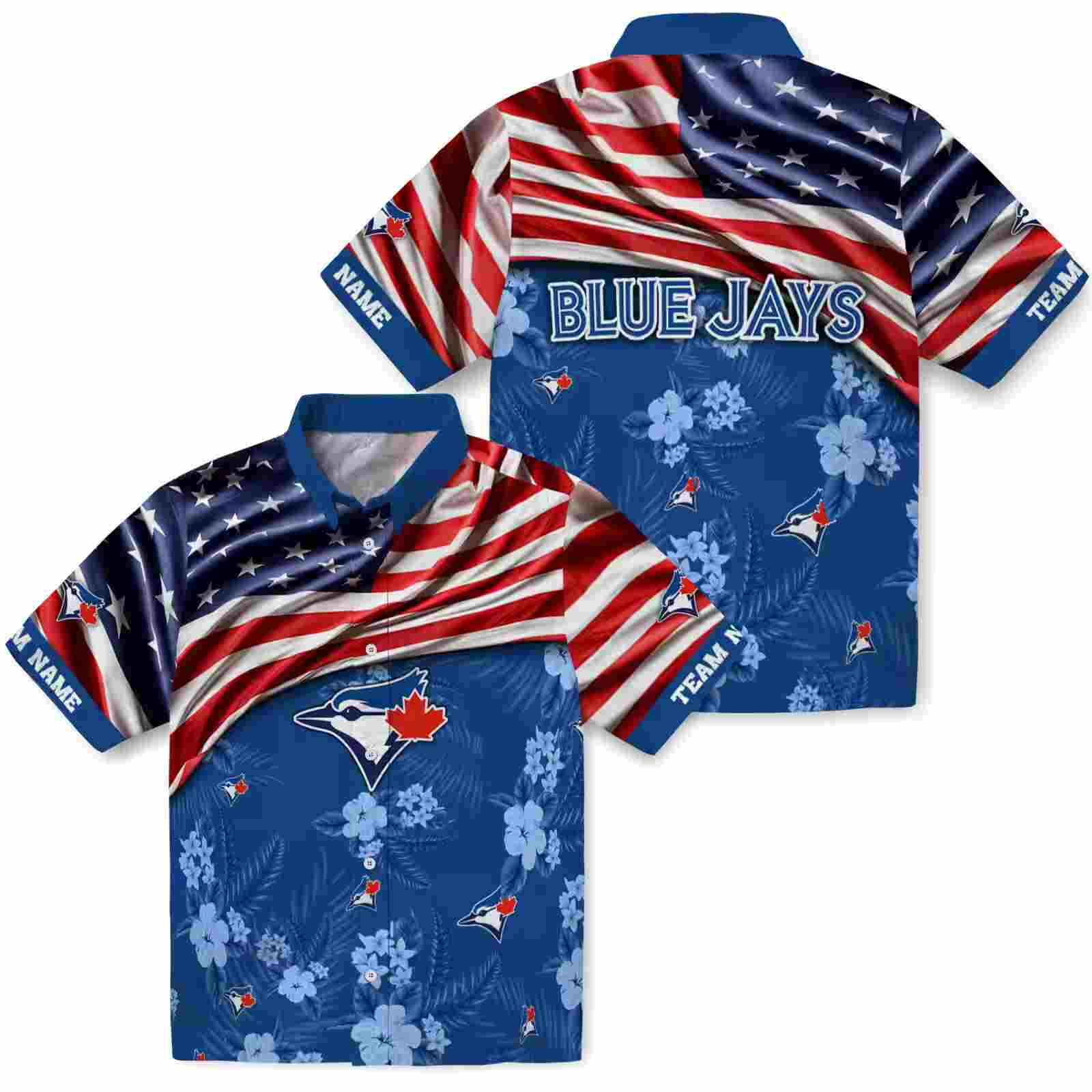 customized toronto blue jays us flag hibiscus blue hawaiian shirt high quality