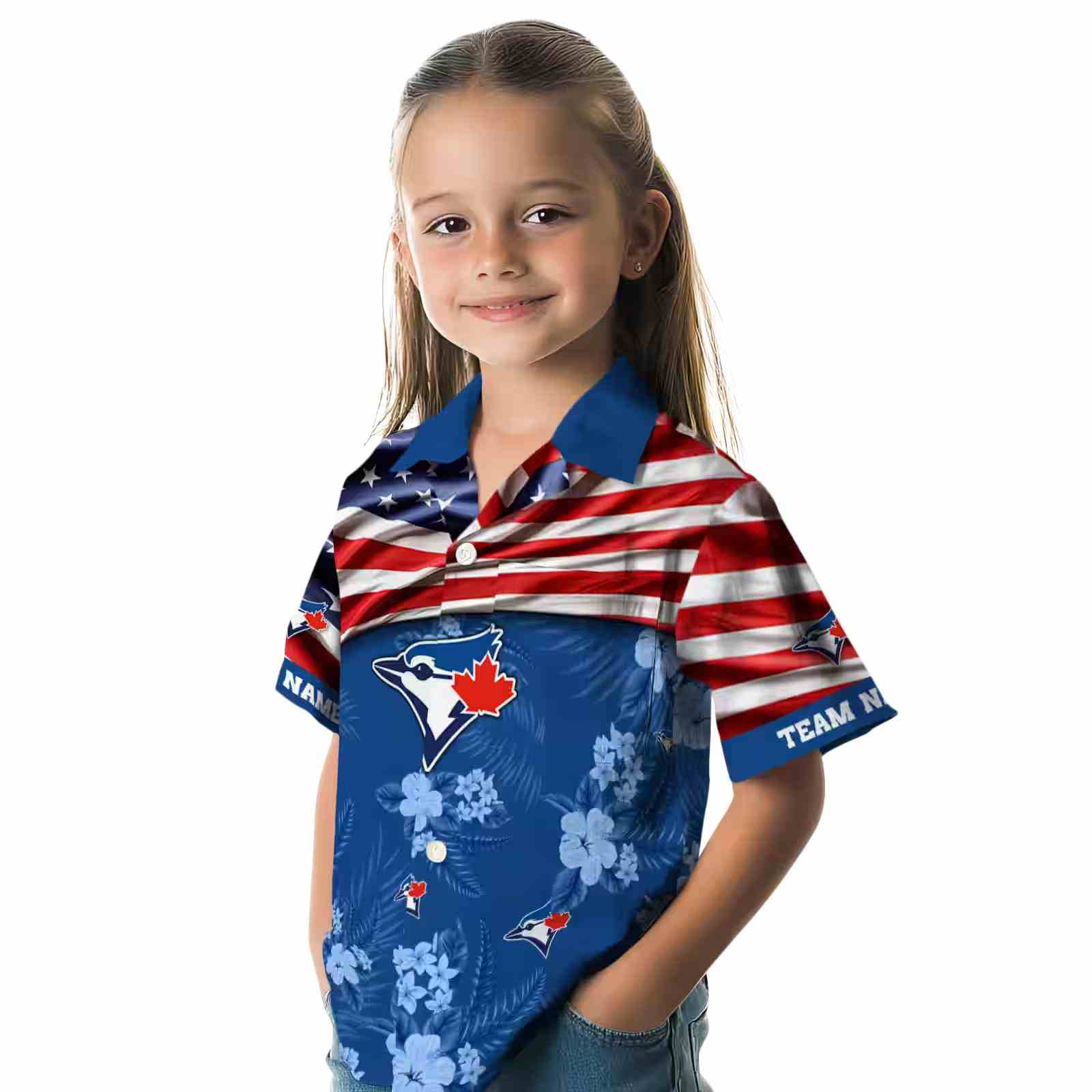 customized toronto blue jays us flag hibiscus blue hawaiian shirt premium grade