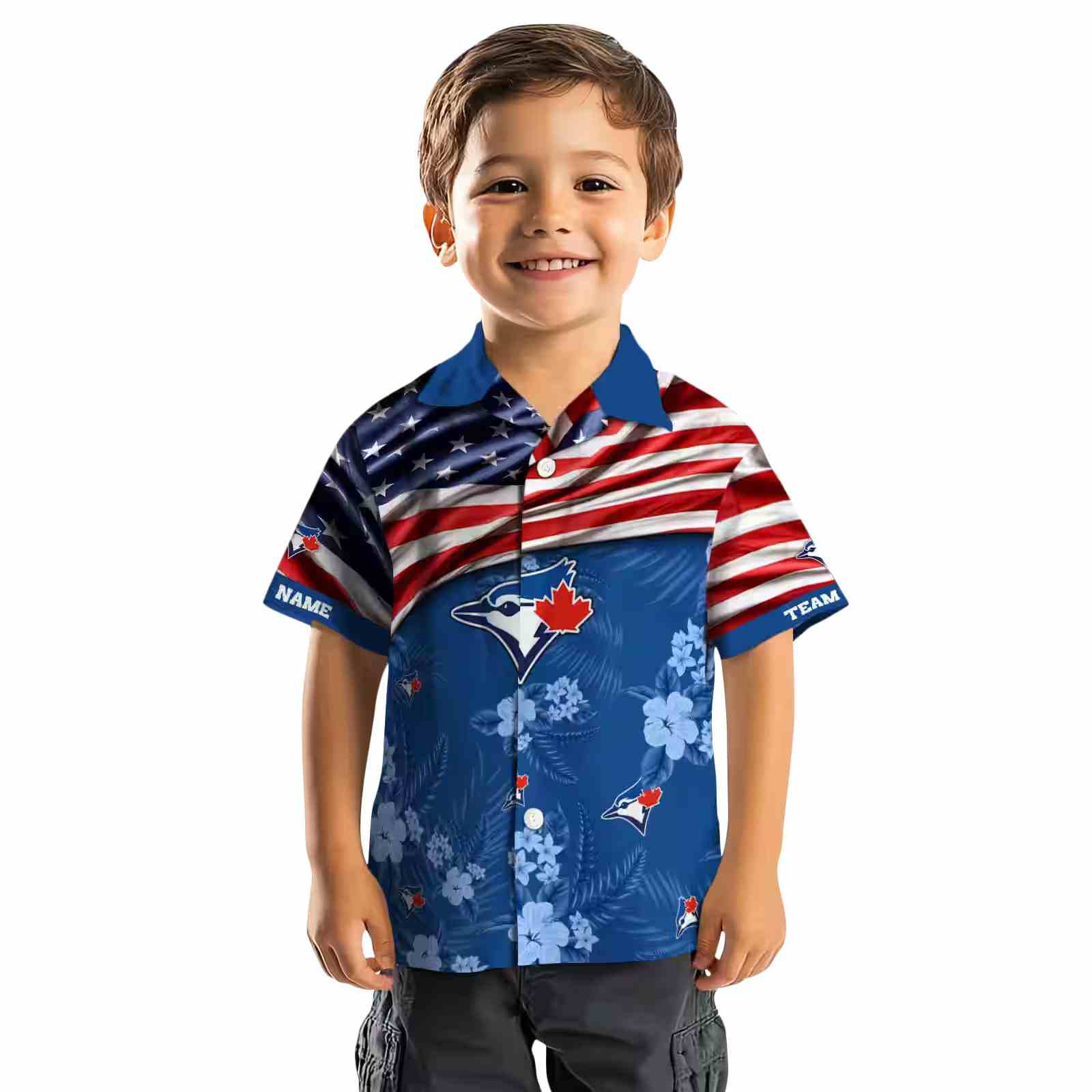 customized toronto blue jays us flag hibiscus blue hawaiian shirt top rated