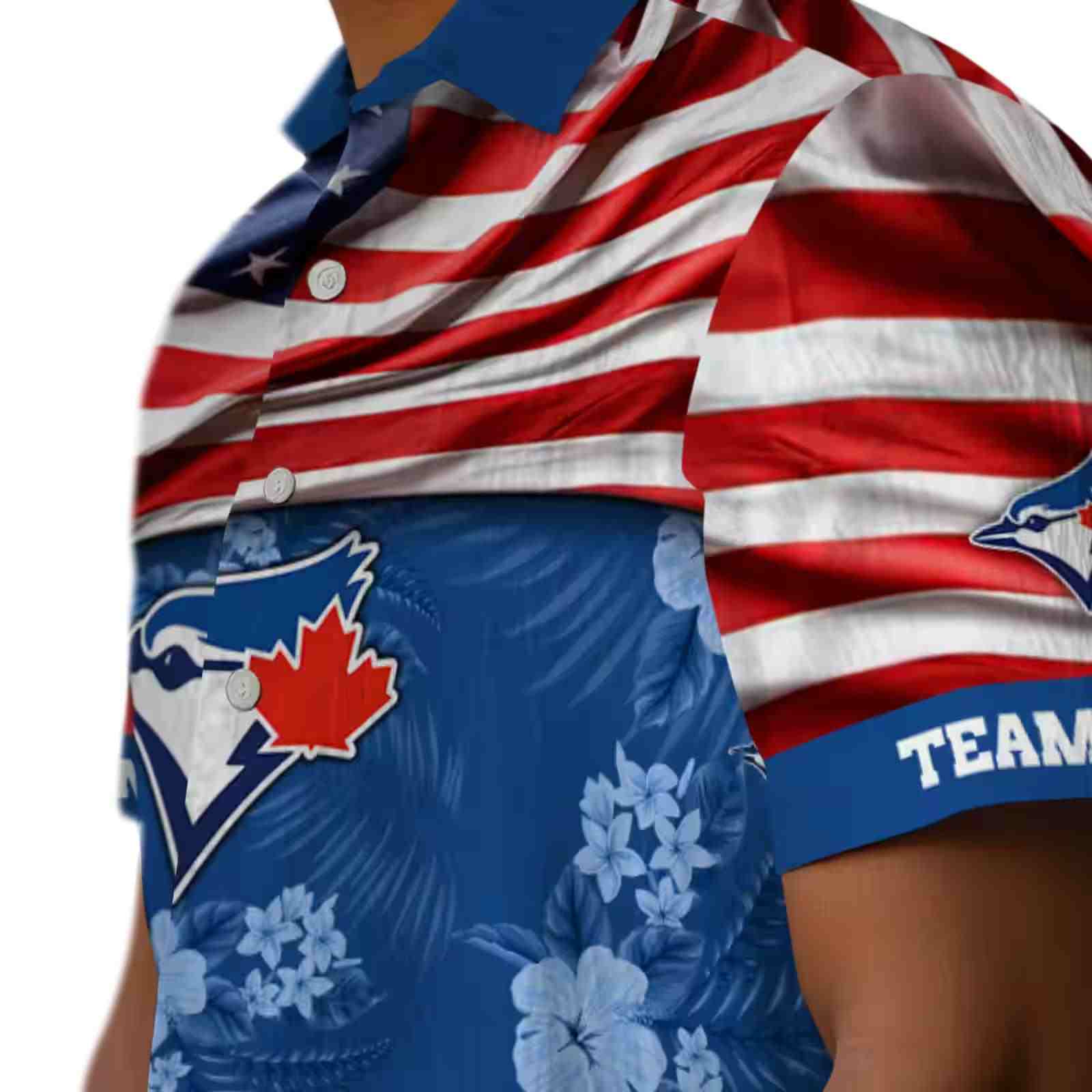 customized toronto blue jays us flag hibiscus blue hawaiian shirt trendy