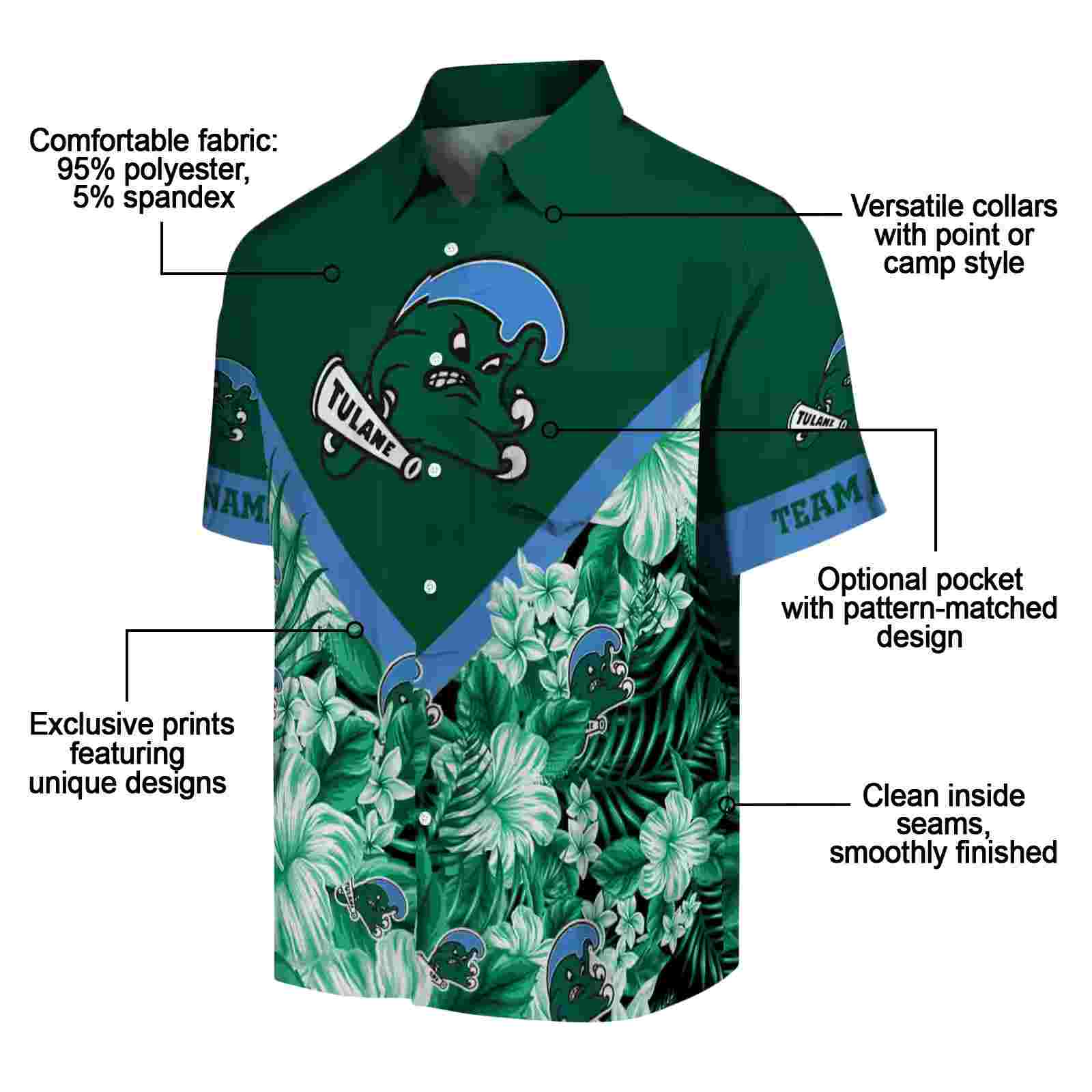 customized tulane green wave floral chevron green hawaiian shirt new arrival