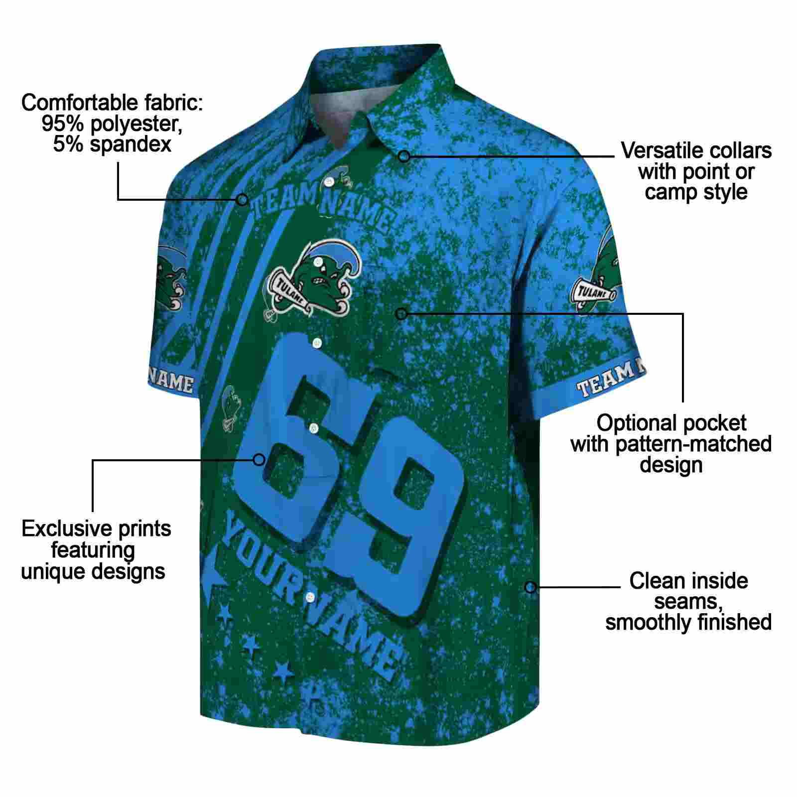 customized tulane green wave star stripes green hawaiian shirt new arrival