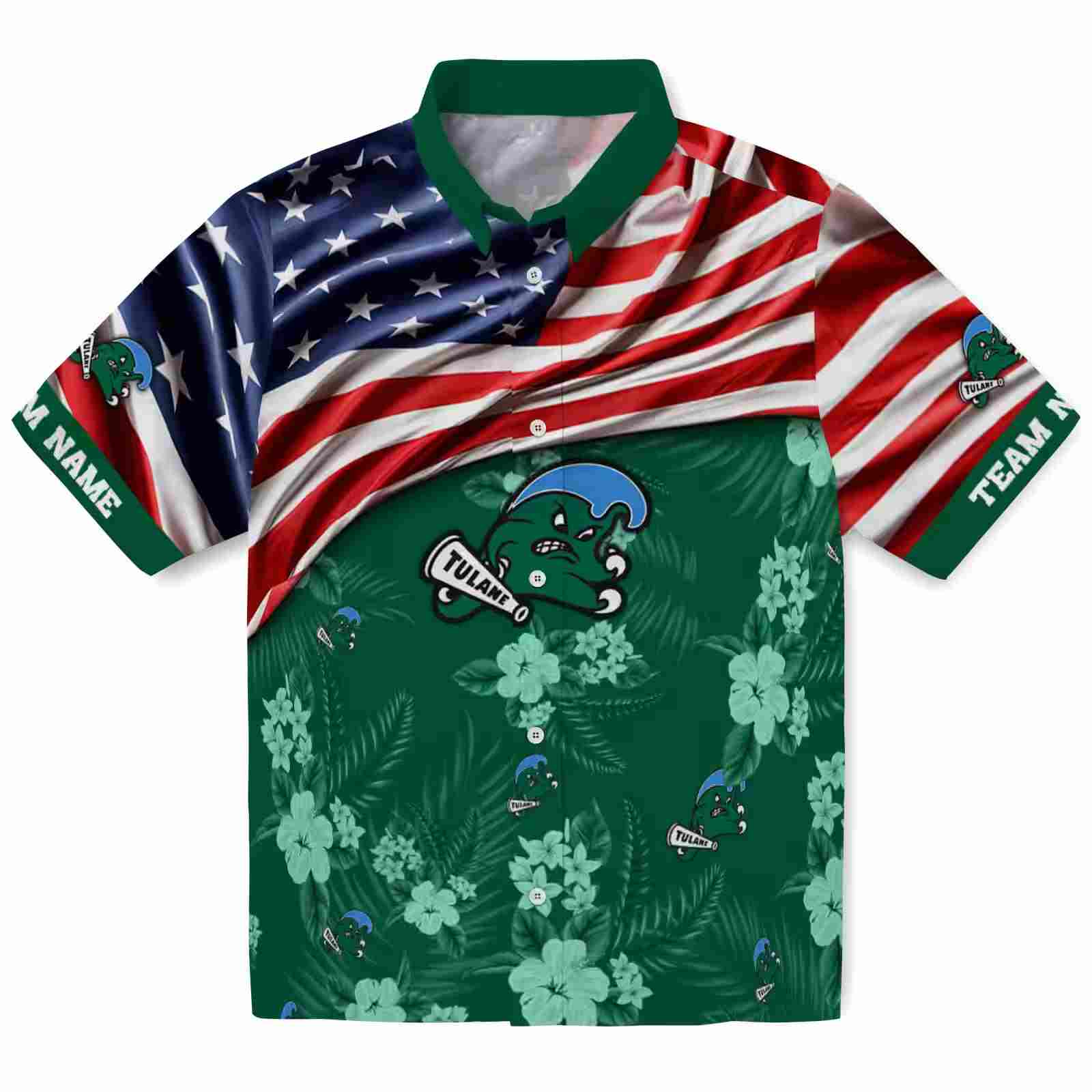 Customized Tulane Green Wave US Flag Hibiscus Green Hawaiian Shirt