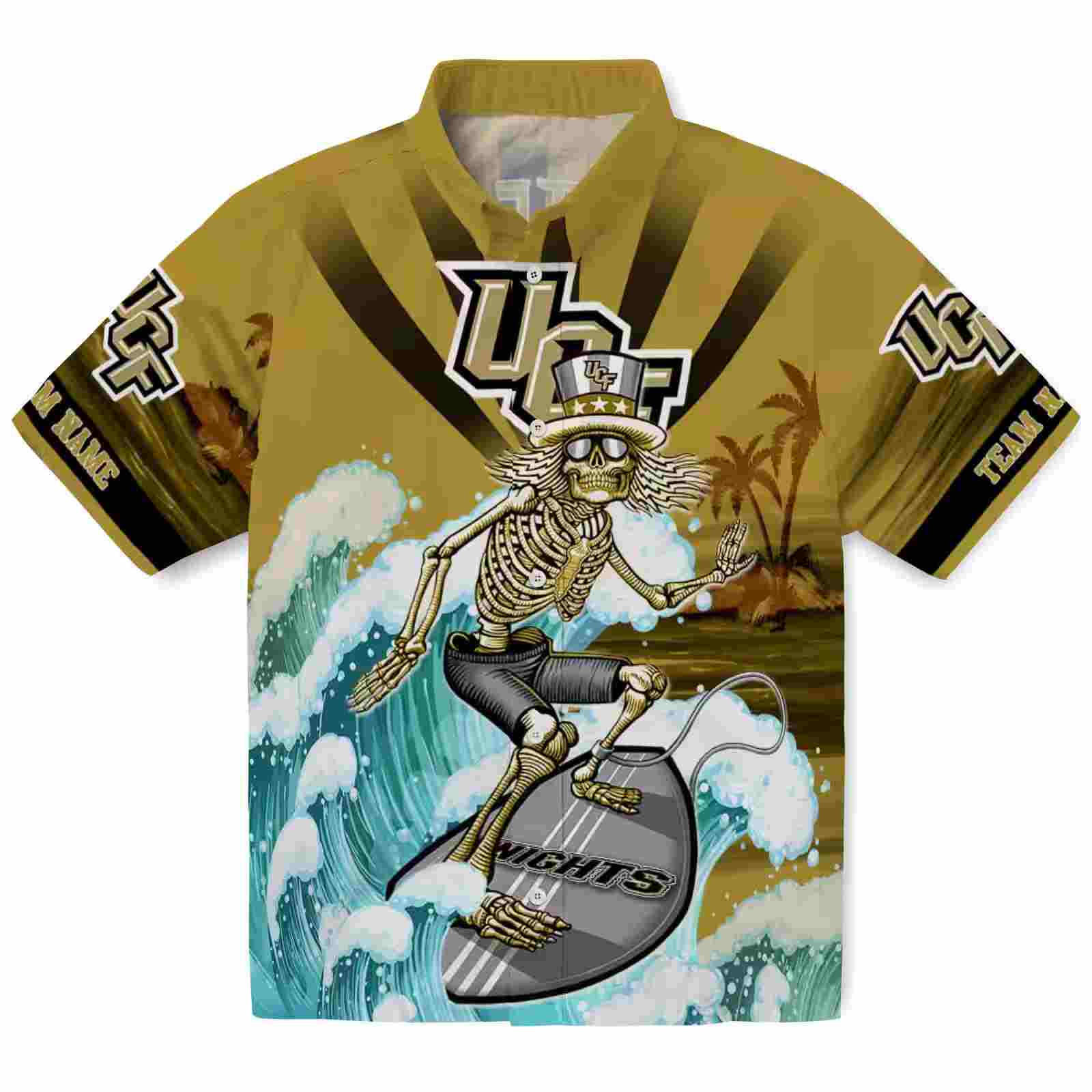 Customized UCF Knights Surfing Skeleton Gold Blue Hawaiian Shirt