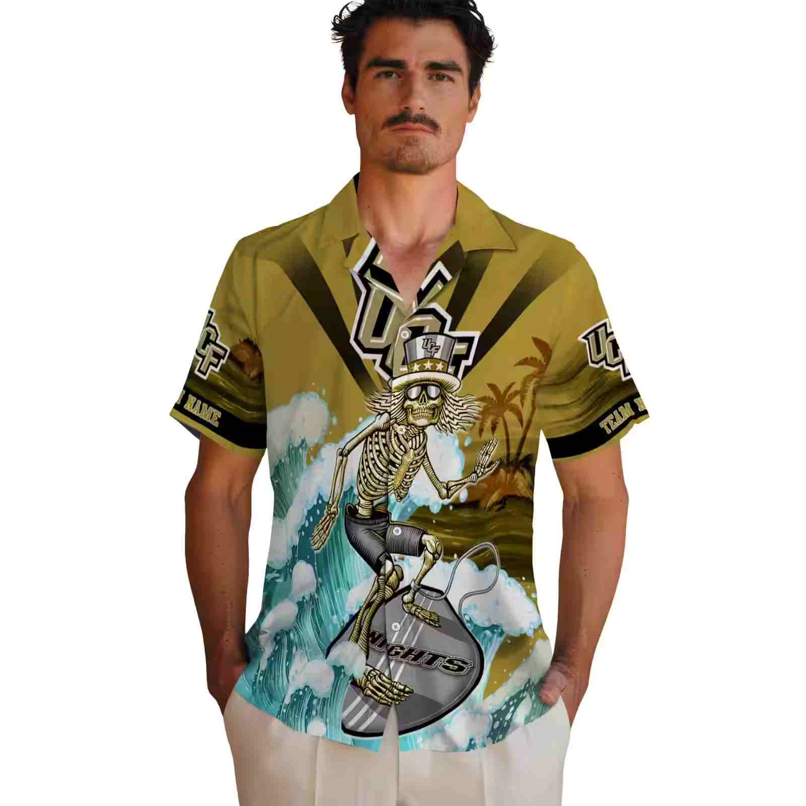 customized ucf knights surfing skeleton gold blue hawaiian shirt fashion forward