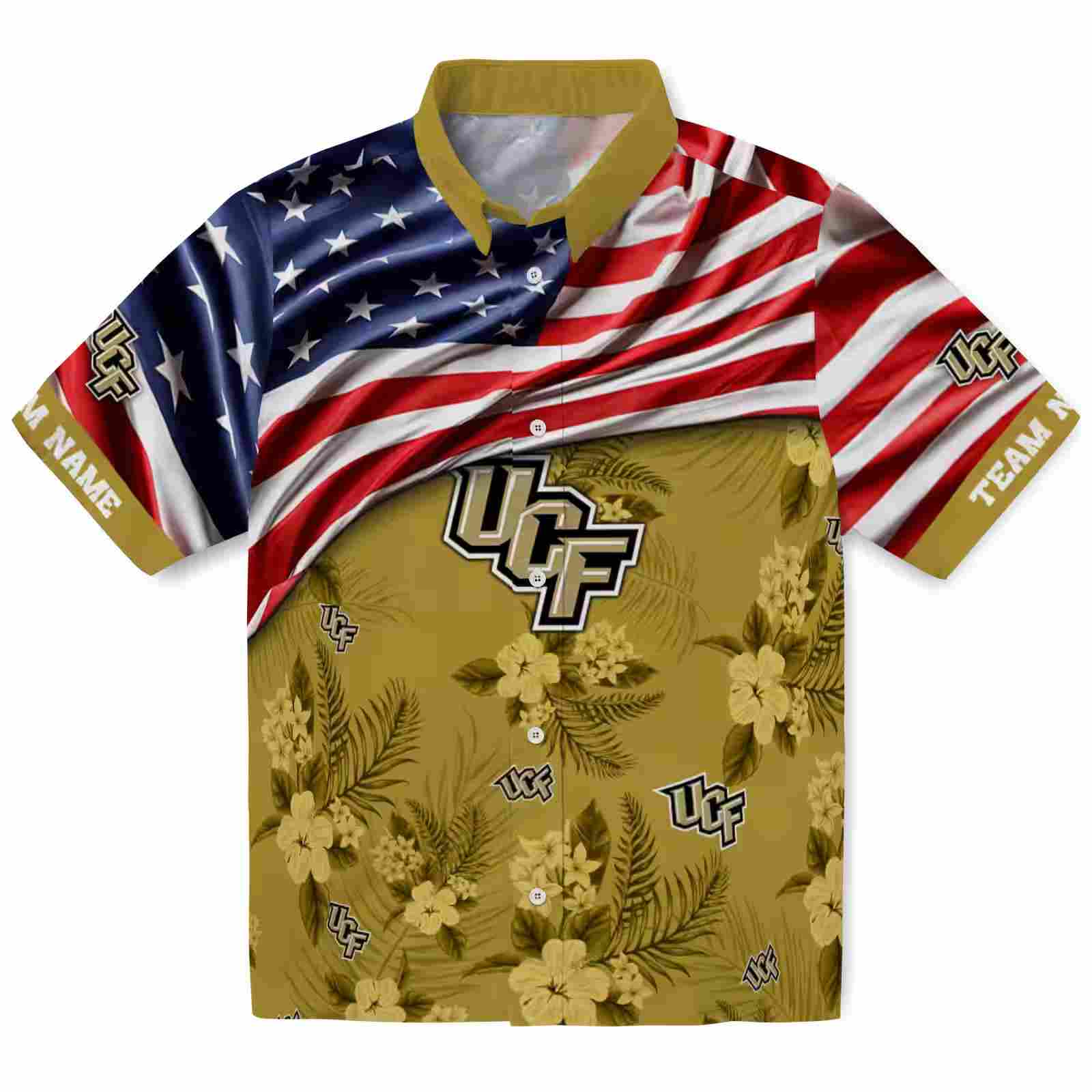 Customized UCF Knights US Flag Hibiscus Gold Hawaiian Shirt