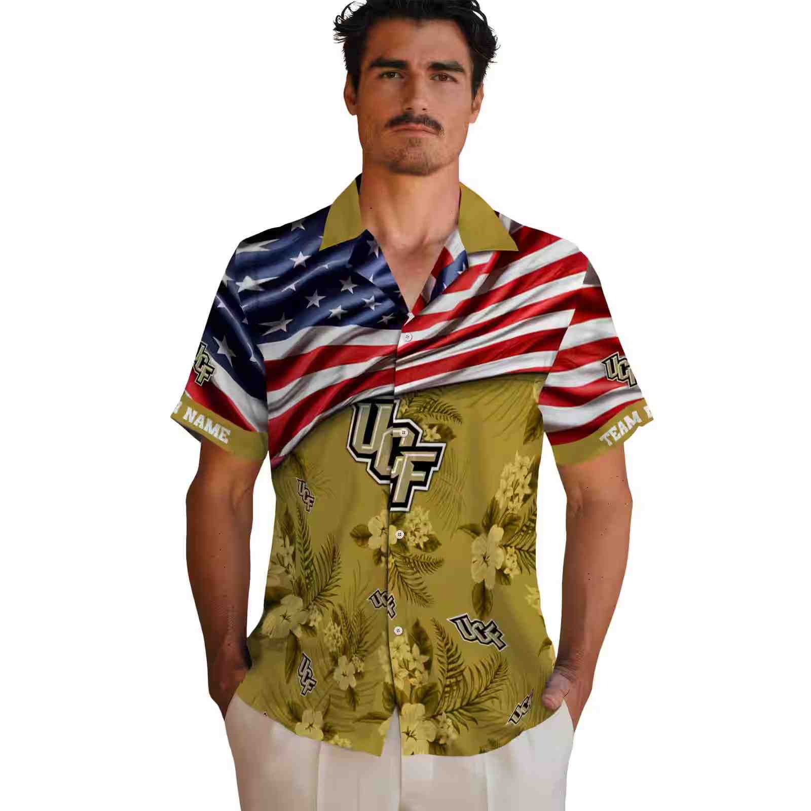 customized ucf knights us flag hibiscus gold hawaiian shirt fashion forward