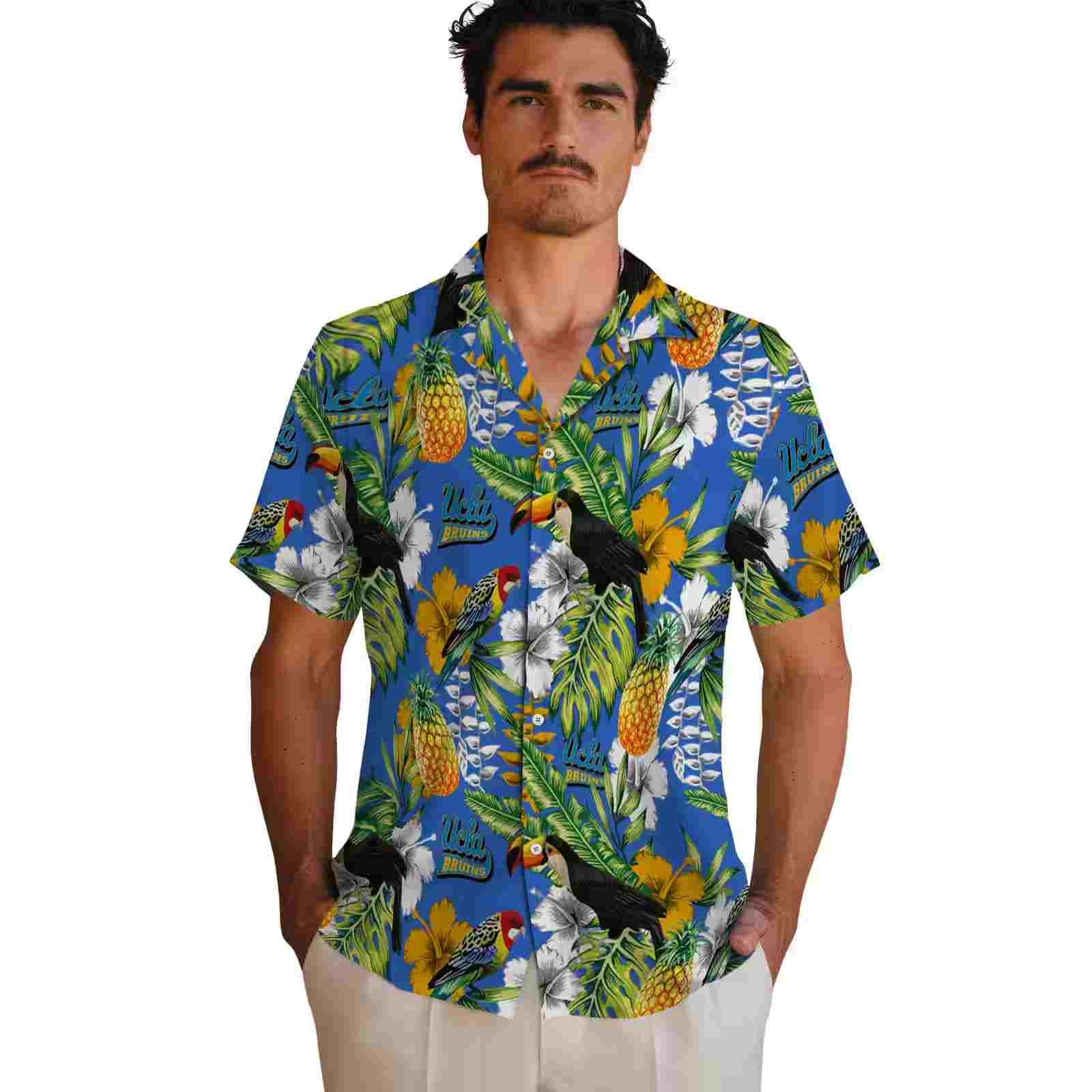 customized ucla bruins tropical toucan blue green hawaiian shirt fashion forward