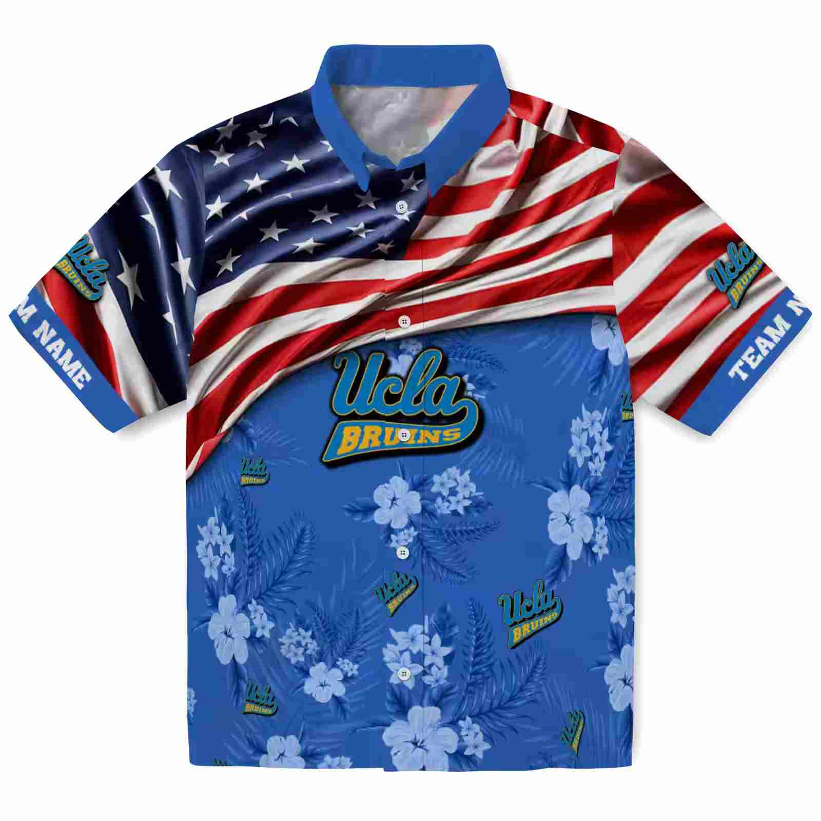 Customized UCLA Bruins US Flag Hibiscus Blue Hawaiian Shirt