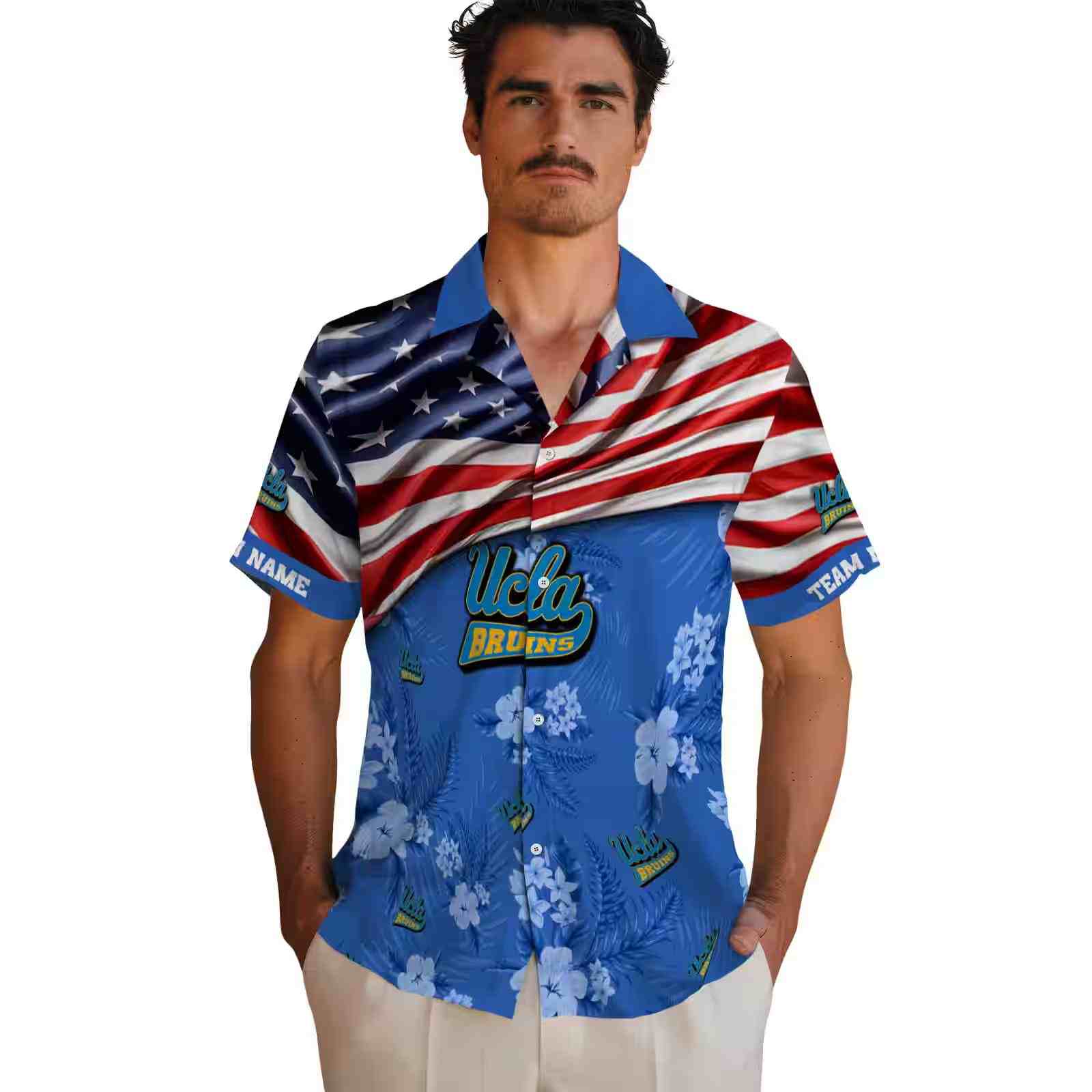 customized ucla bruins us flag hibiscus blue hawaiian shirt fashion forward