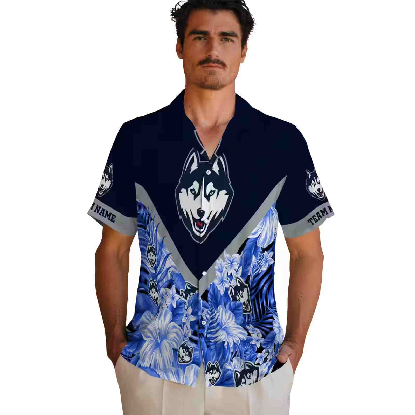 customized uconn huskies floral chevron blue hawaiian shirt fashion forward