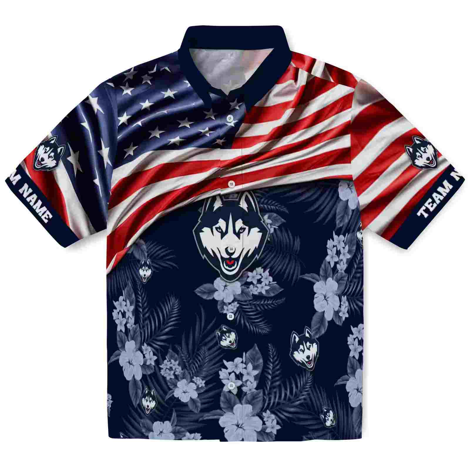 Customized UConn Huskies US Flag Hibiscus Blue Hawaiian Shirt