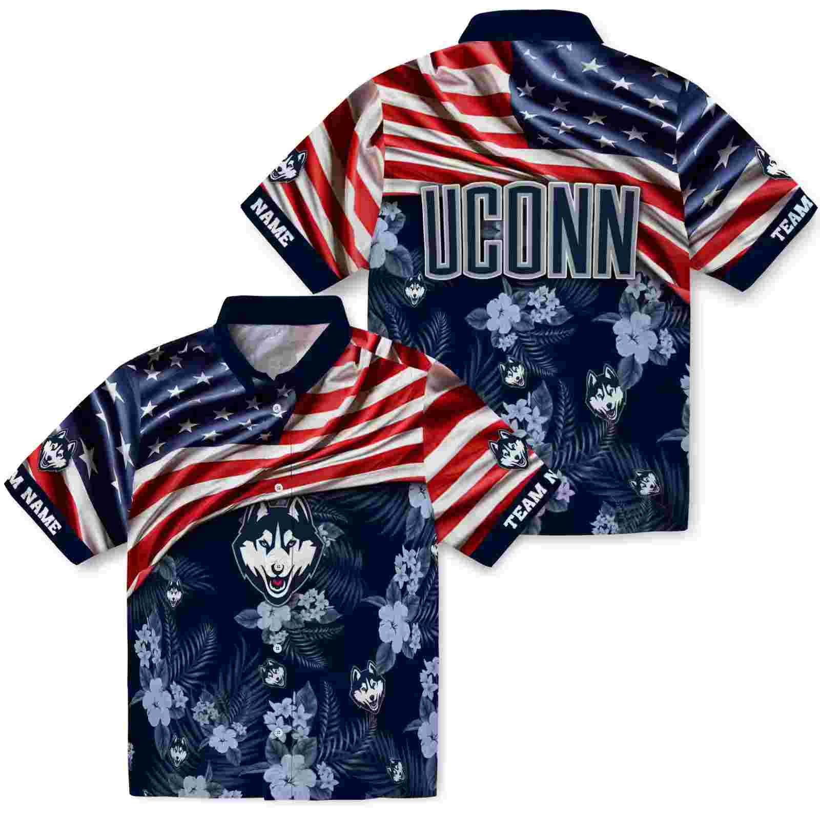 customized uconn huskies us flag hibiscus blue hawaiian shirt high quality