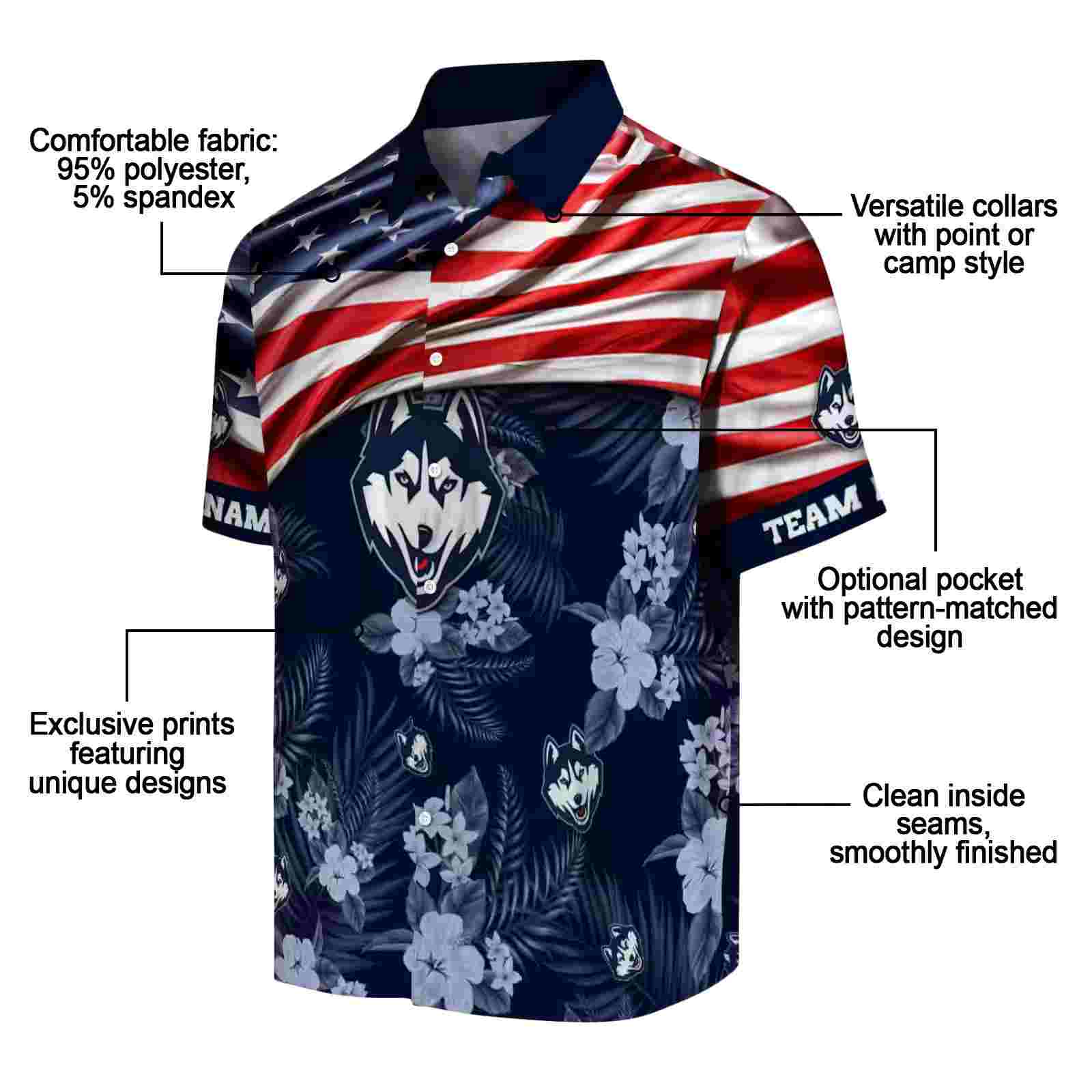 customized uconn huskies us flag hibiscus blue hawaiian shirt new arrival