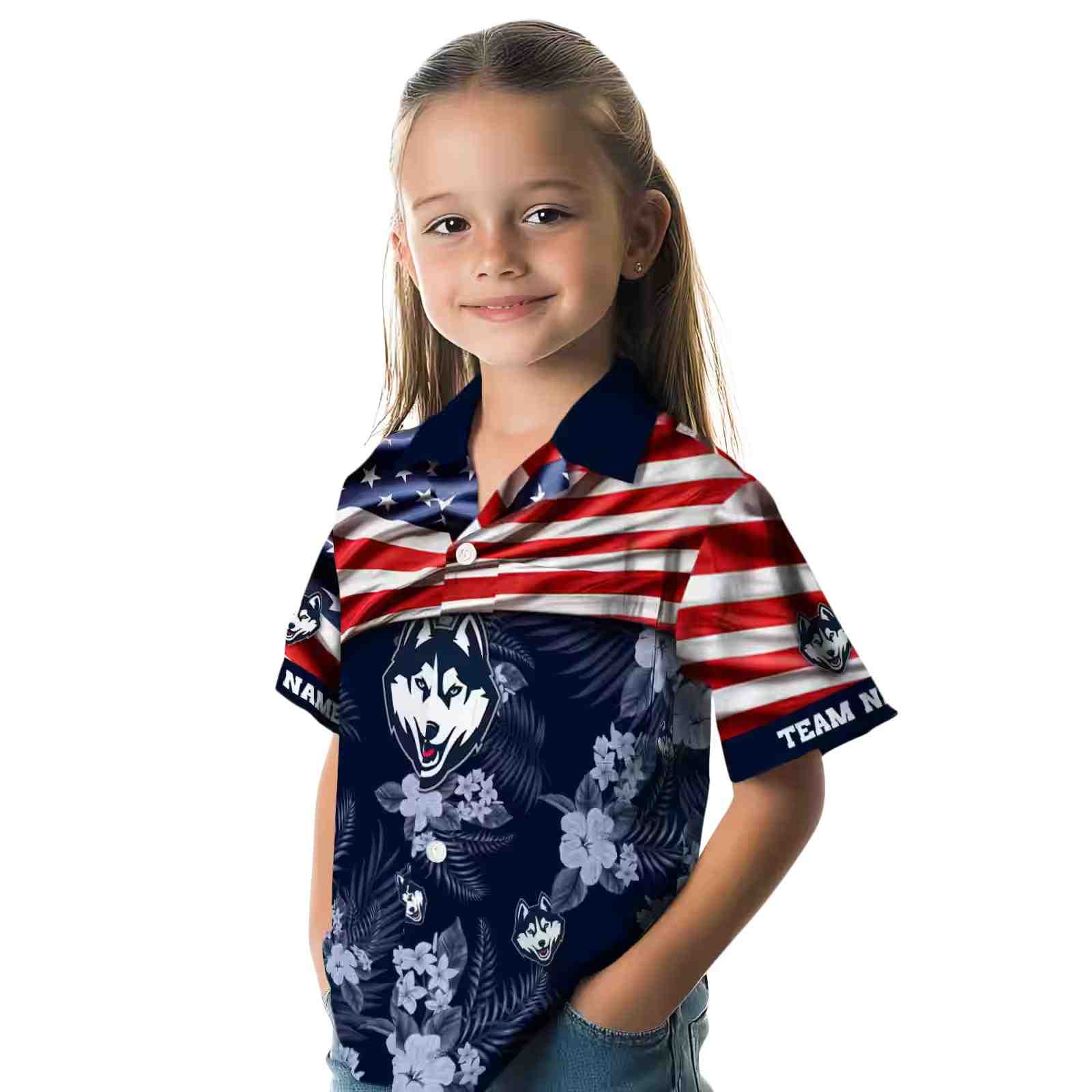 customized uconn huskies us flag hibiscus blue hawaiian shirt premium grade