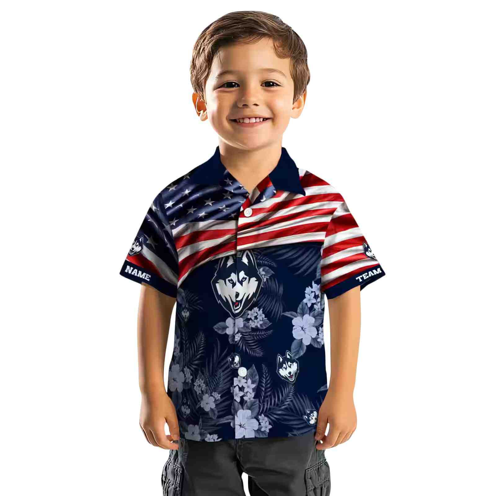 customized uconn huskies us flag hibiscus blue hawaiian shirt top rated