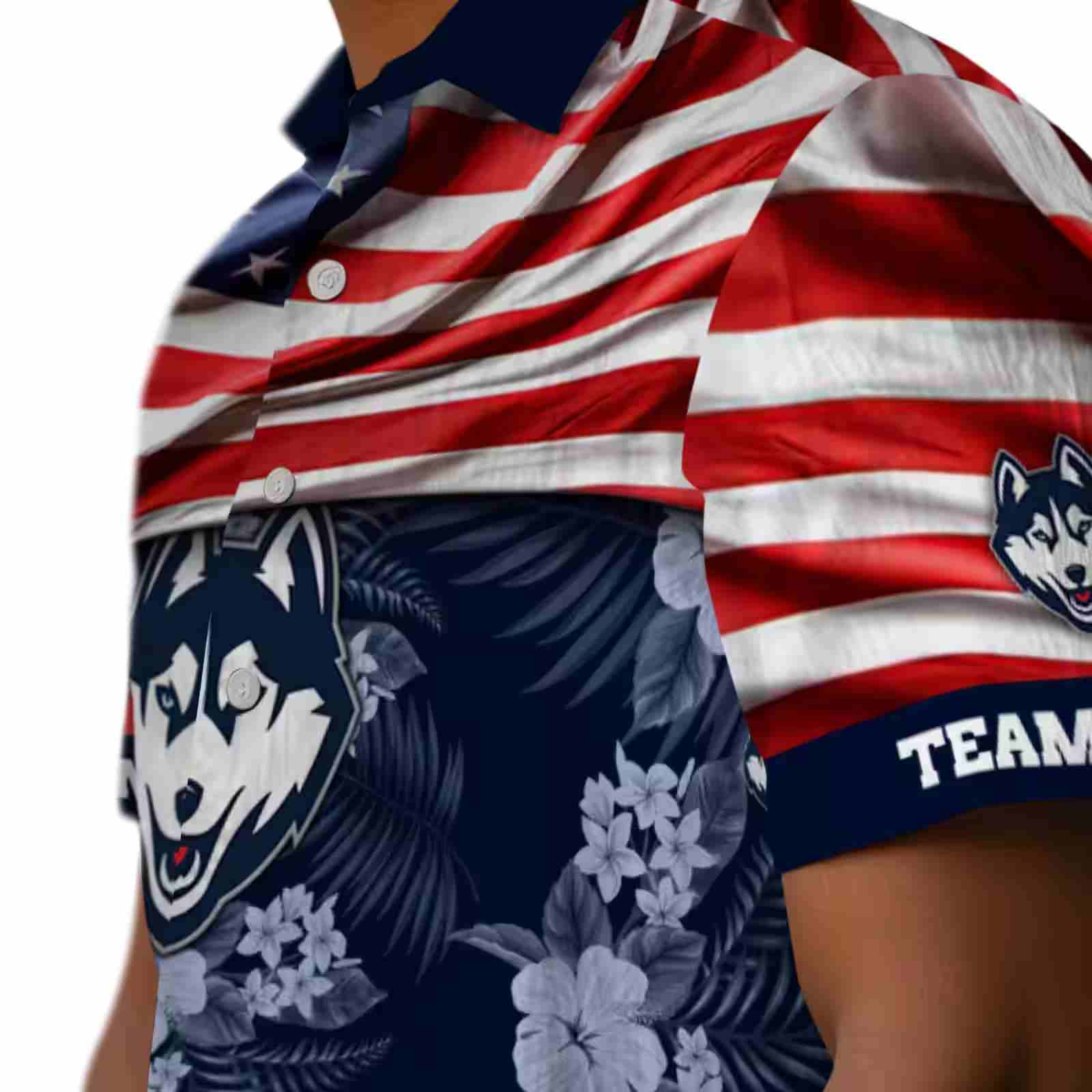 customized uconn huskies us flag hibiscus blue hawaiian shirt trendy