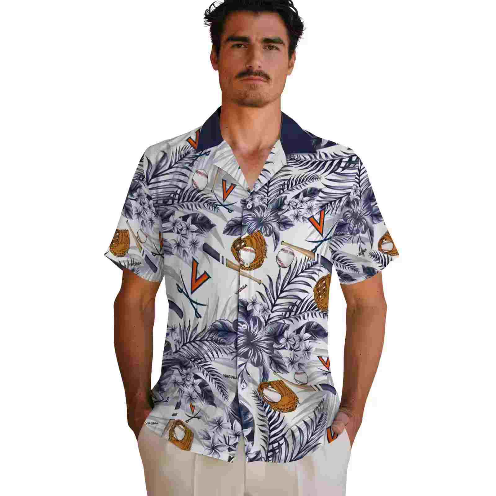 customized virginia cavaliers floral baseball blue white hawaiian shirt fashion forward