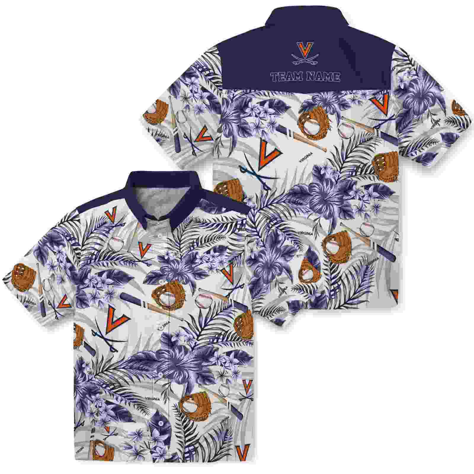 customized virginia cavaliers floral baseball blue white hawaiian shirt high quality