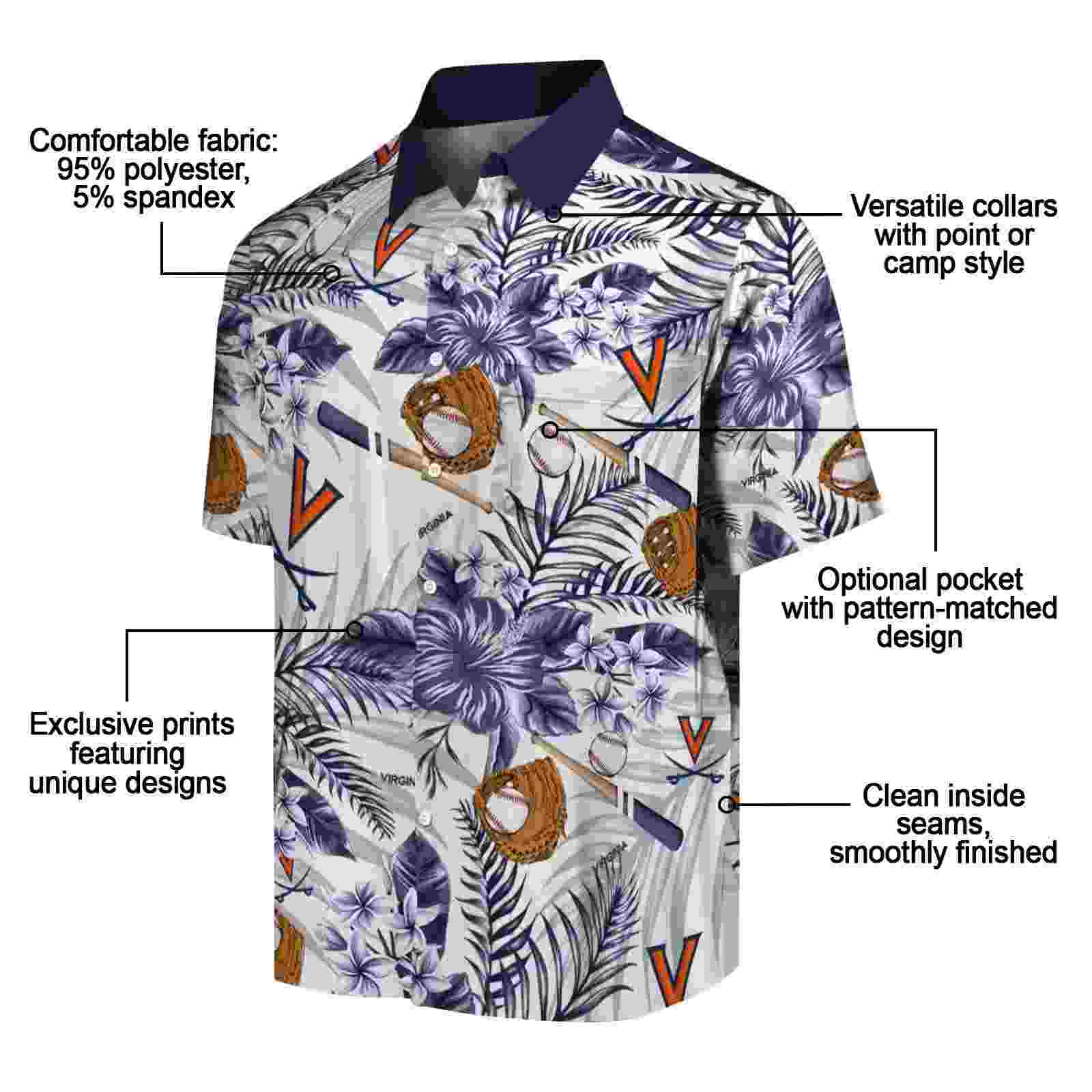 customized virginia cavaliers floral baseball blue white hawaiian shirt new arrival