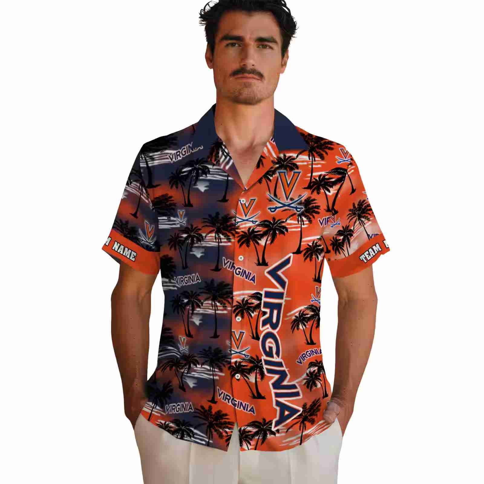 customized virginia cavaliers palm silhouettes blue hawaiian shirt fashion forward