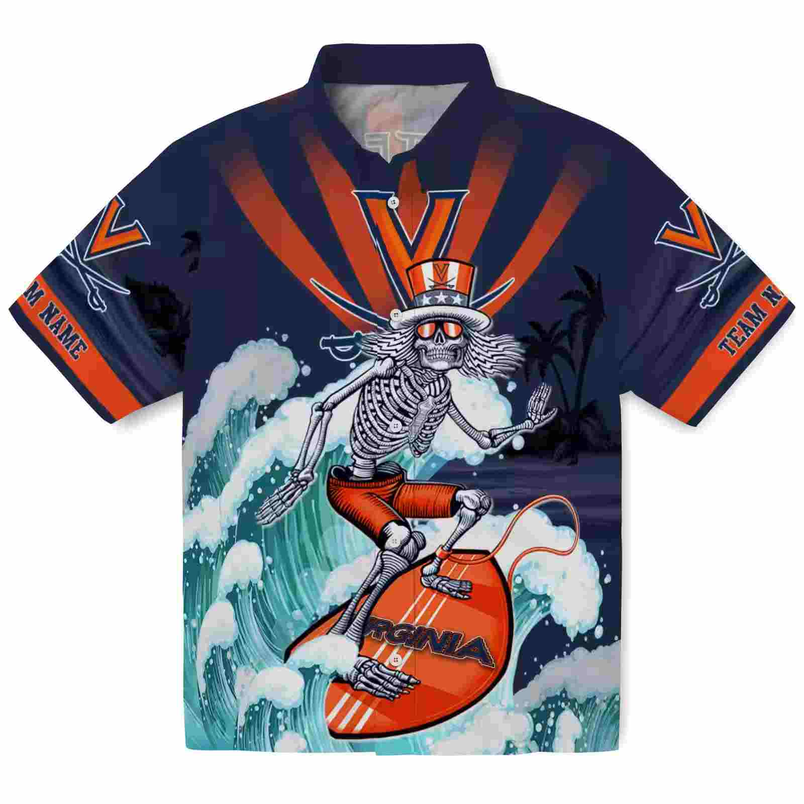 Customized Virginia Cavaliers Surfing Skeleton Blue Hawaiian Shirt