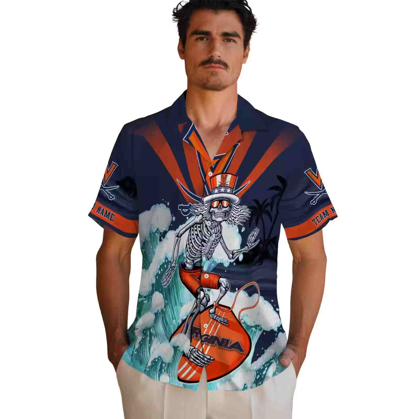 customized virginia cavaliers surfing skeleton blue hawaiian shirt fashion forward