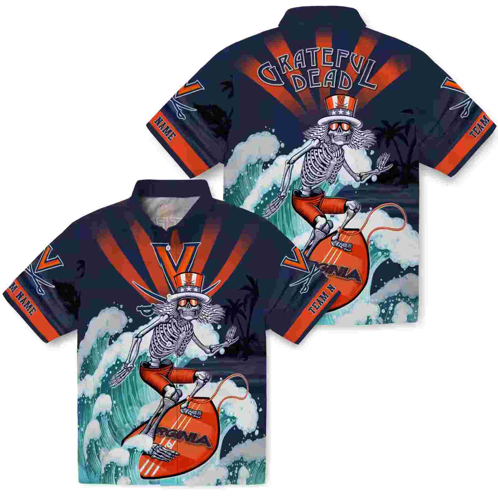 customized virginia cavaliers surfing skeleton blue hawaiian shirt high quality