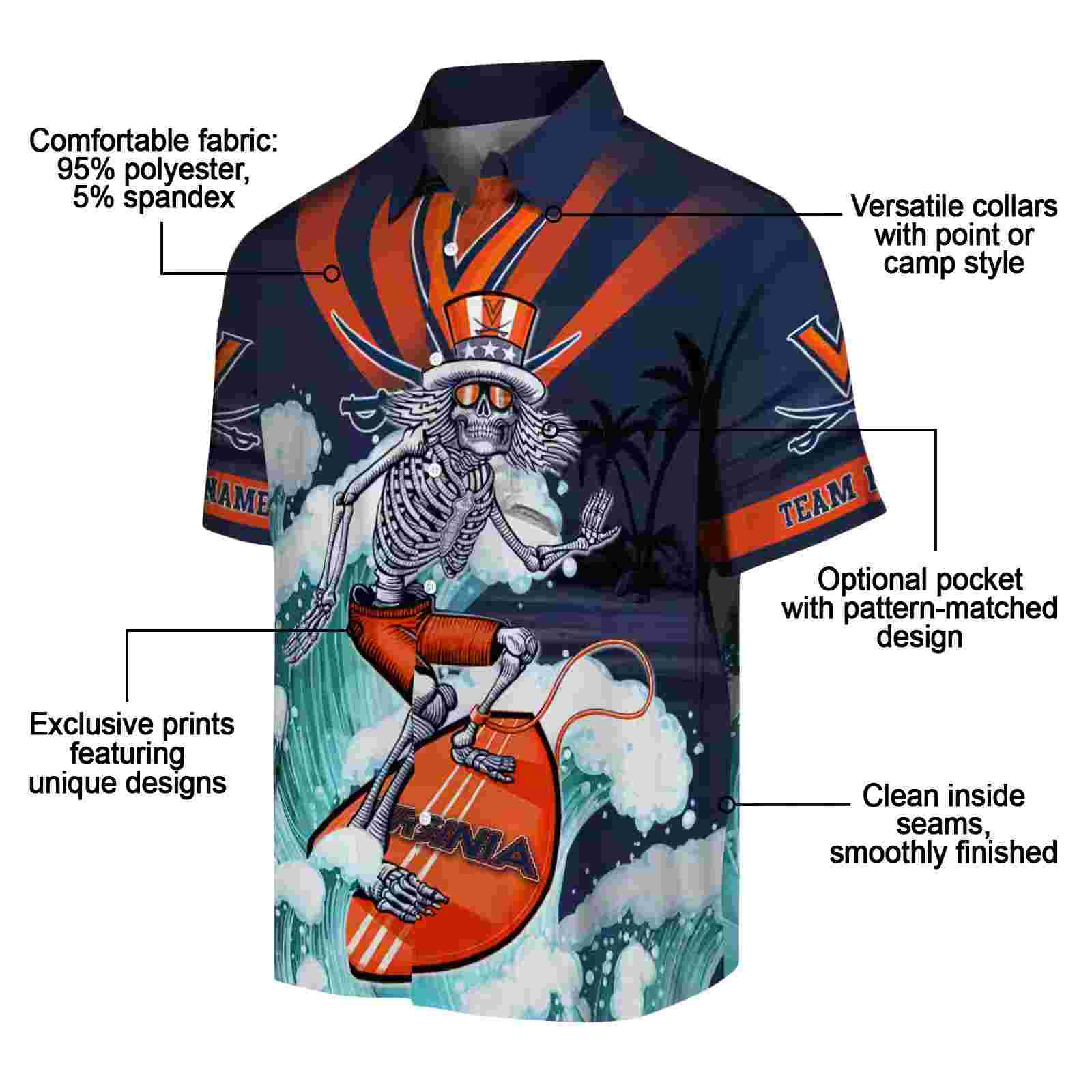 customized virginia cavaliers surfing skeleton blue hawaiian shirt new arrival