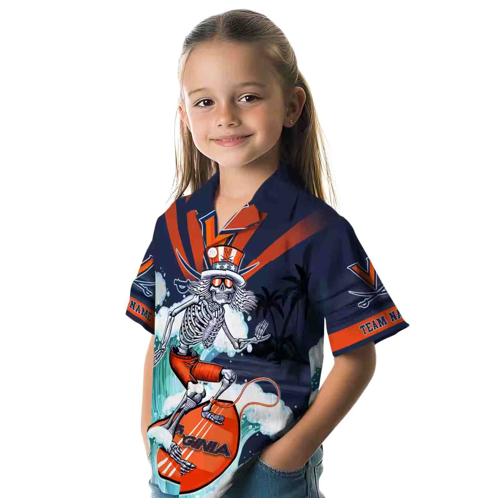 customized virginia cavaliers surfing skeleton blue hawaiian shirt premium grade