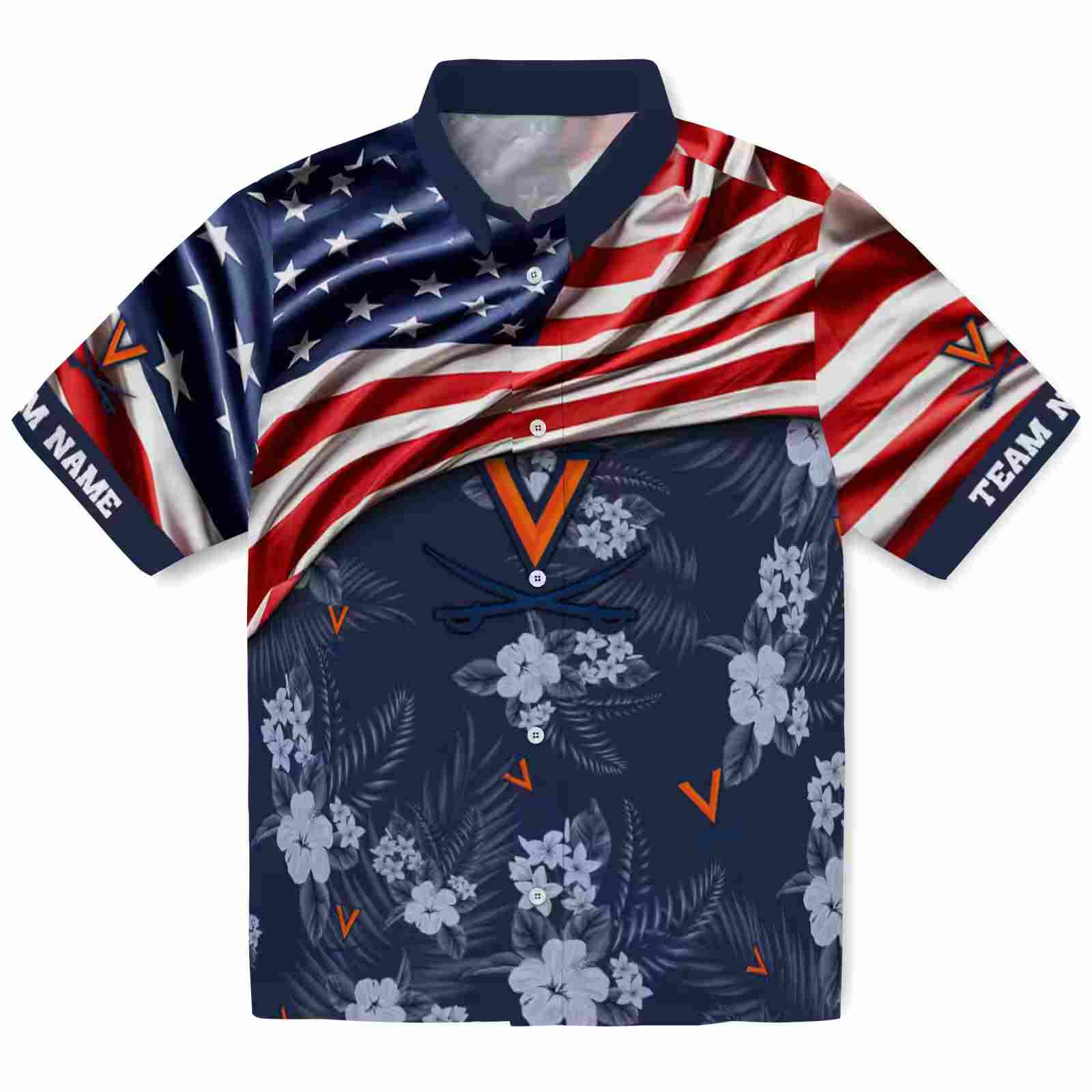 Customized Virginia Cavaliers US Flag Hibiscus Blue Hawaiian Shirt