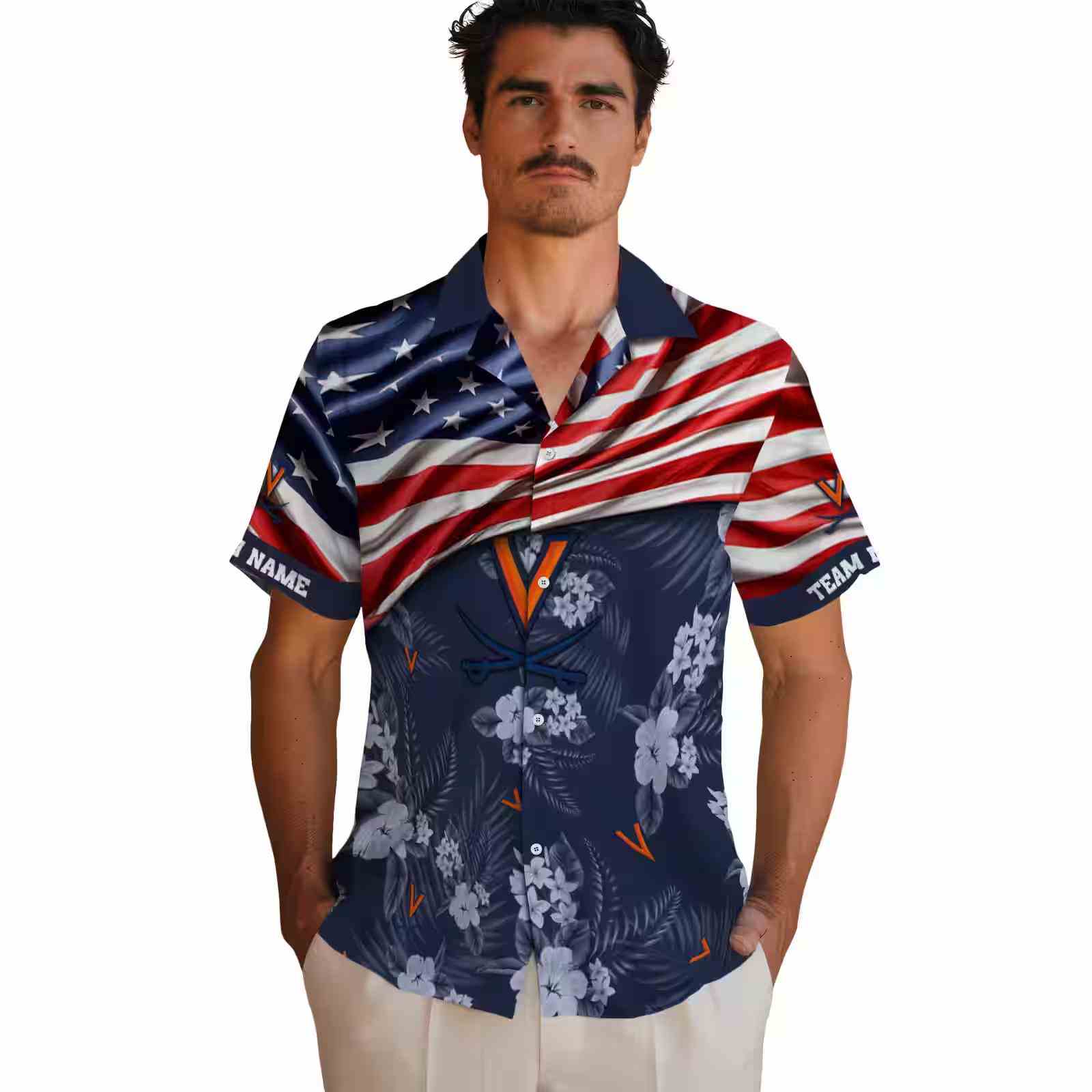 customized virginia cavaliers us flag hibiscus blue hawaiian shirt fashion forward