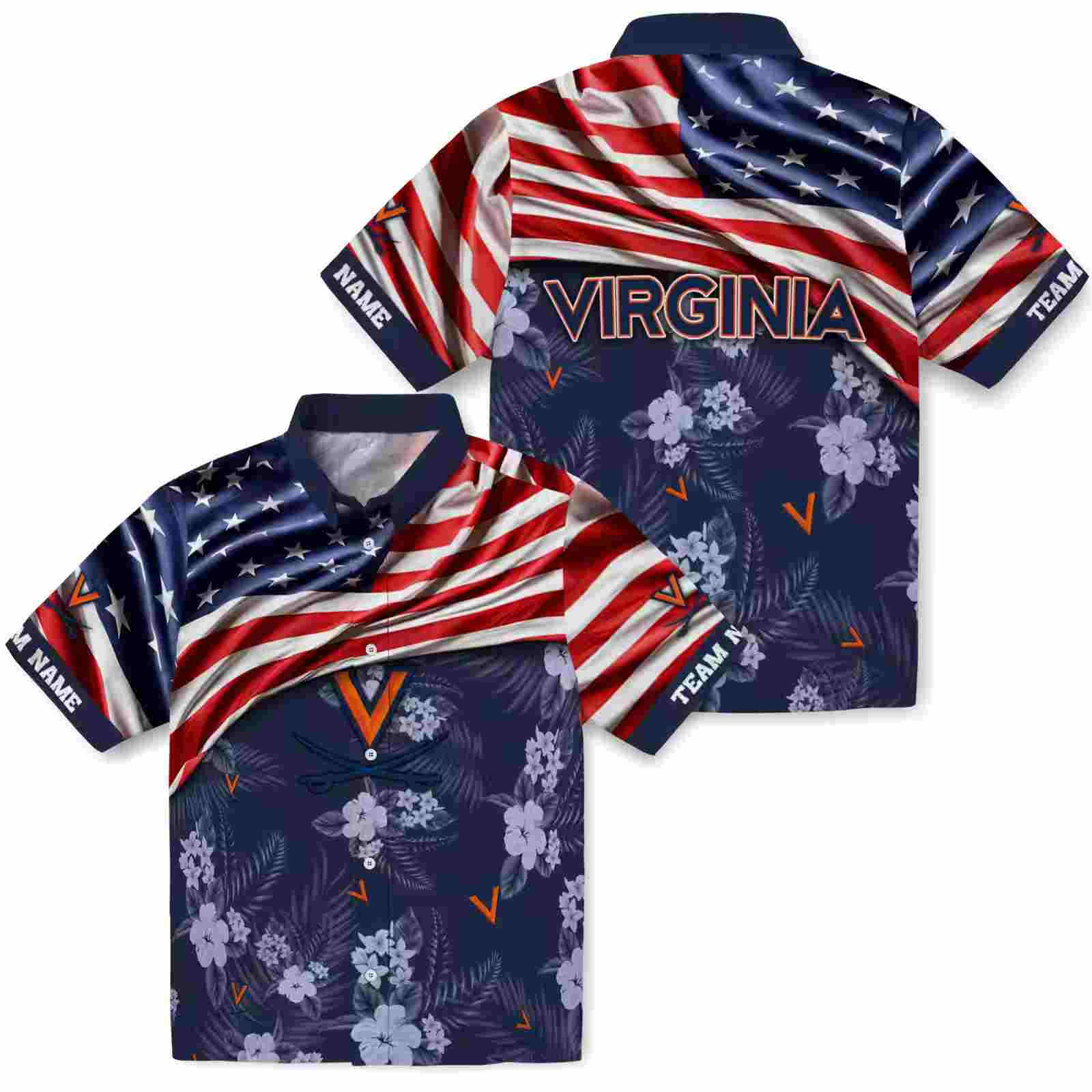 customized virginia cavaliers us flag hibiscus blue hawaiian shirt high quality