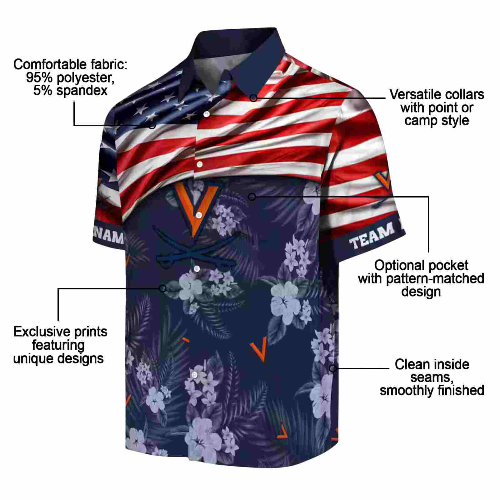 customized virginia cavaliers us flag hibiscus blue hawaiian shirt new arrival