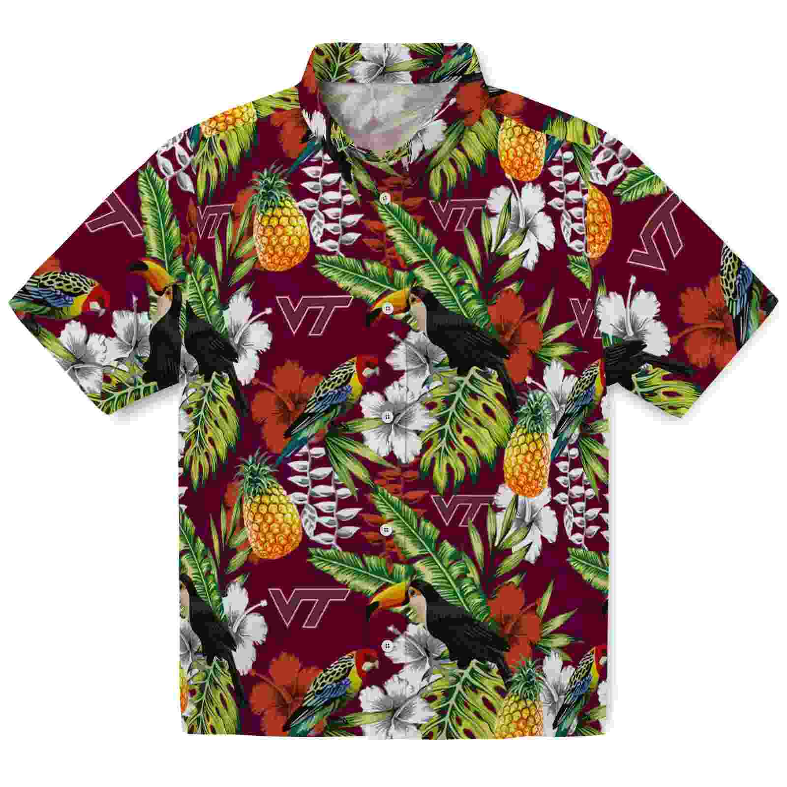 Customized Virginia Tech Hokies Tropical Toucan Maroon Green Hawaiian Shirt