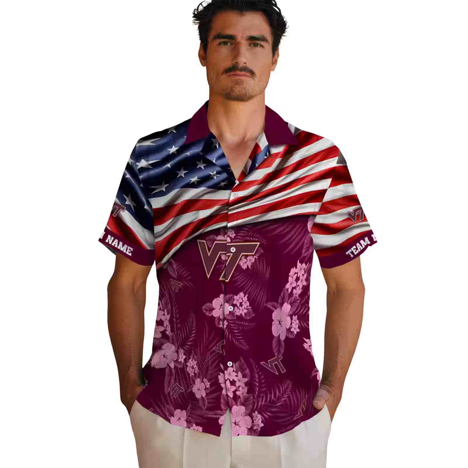 customized virginia tech hokies us flag hibiscus maroon hawaiian shirt fashion forward