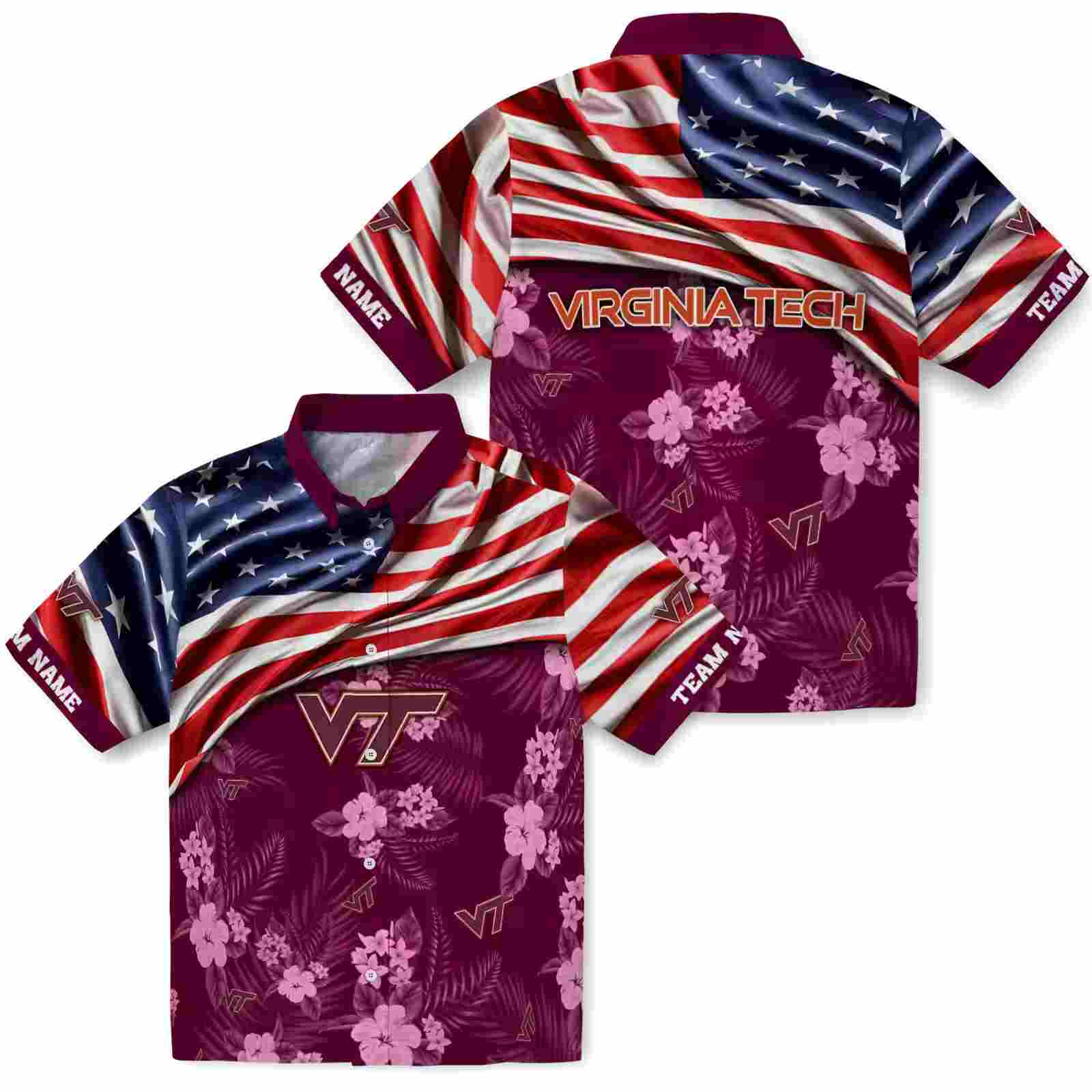 customized virginia tech hokies us flag hibiscus maroon hawaiian shirt high quality