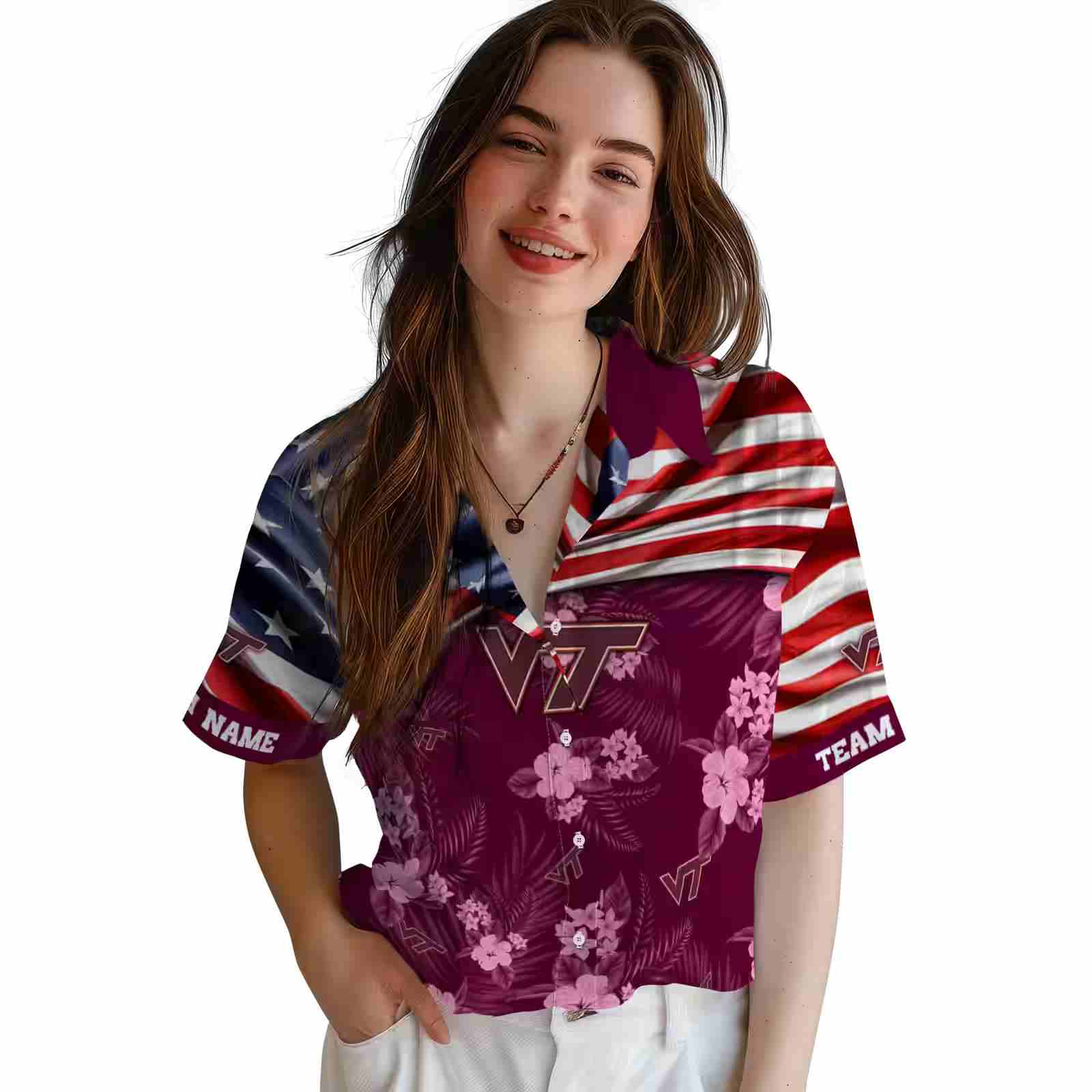 customized virginia tech hokies us flag hibiscus maroon hawaiian shirt latest model