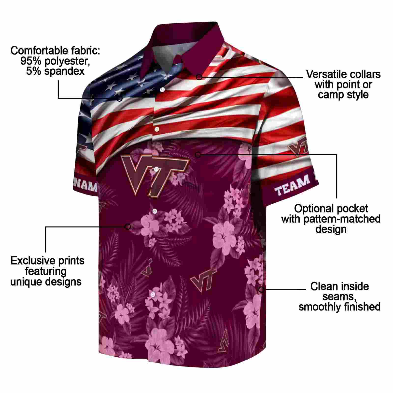 customized virginia tech hokies us flag hibiscus maroon hawaiian shirt new arrival