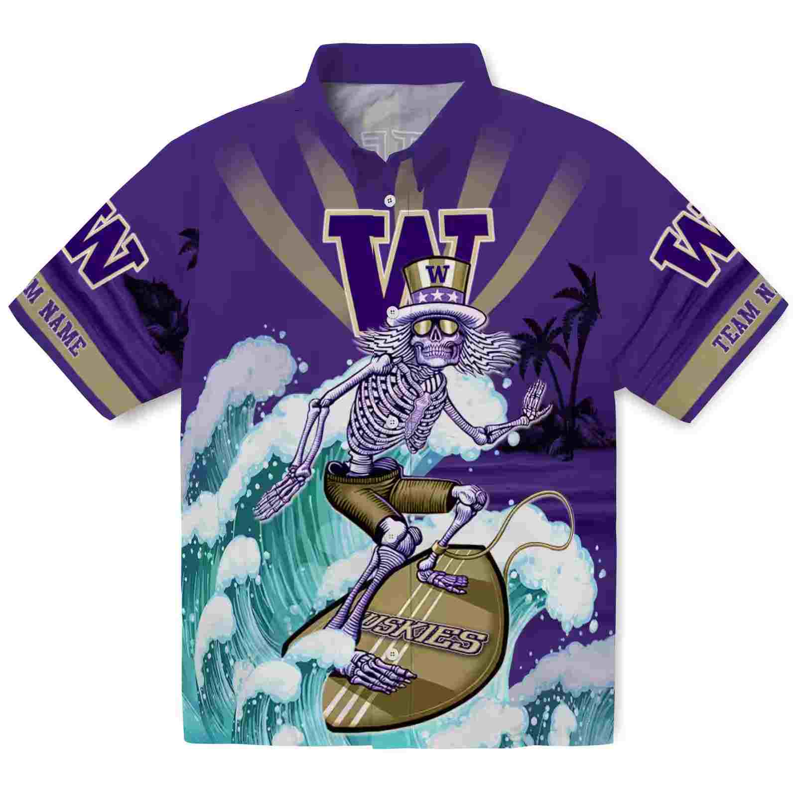 Customized Washington Huskies Surfing Skeleton Purple Blue Hawaiian Shirt