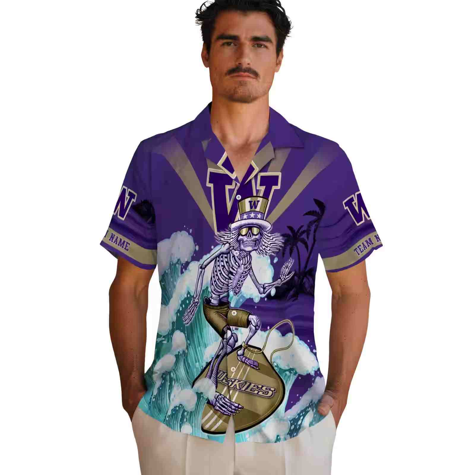 customized washington huskies surfing skeleton purple blue hawaiian shirt fashion forward