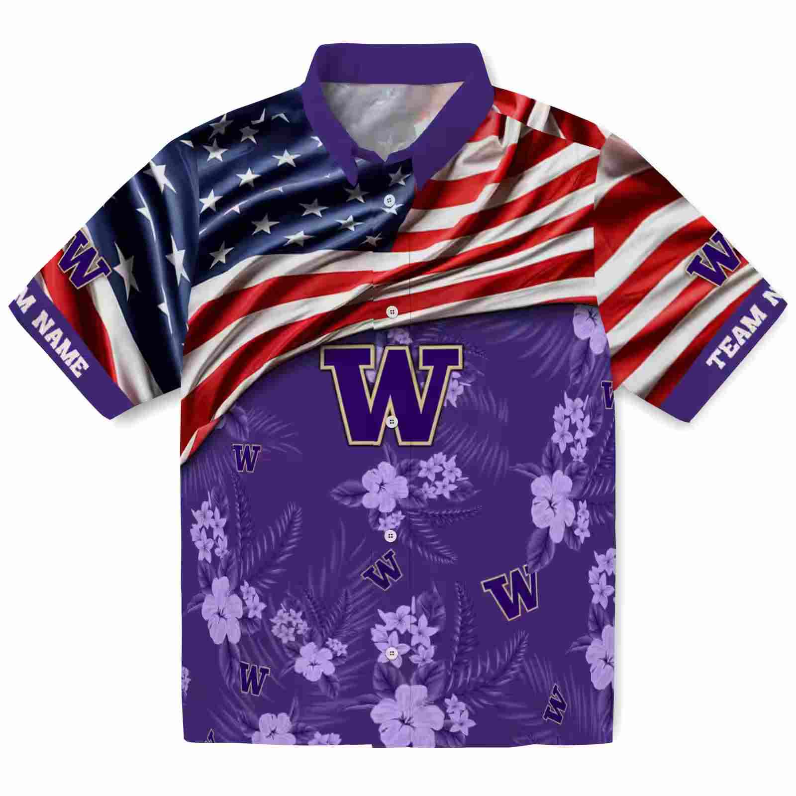 Customized Washington Huskies US Flag Hibiscus Purple Hawaiian Shirt