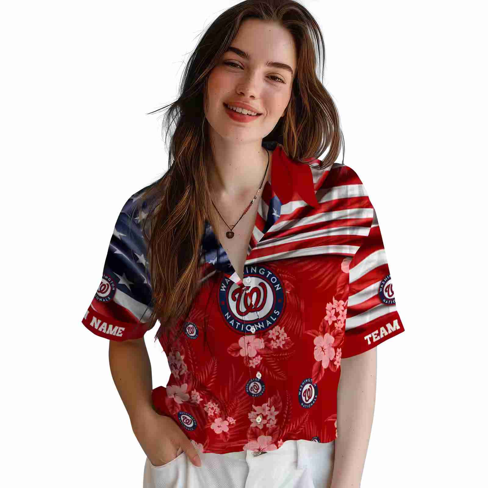 customized washington nationals us flag hibiscus red hawaiian shirt latest model