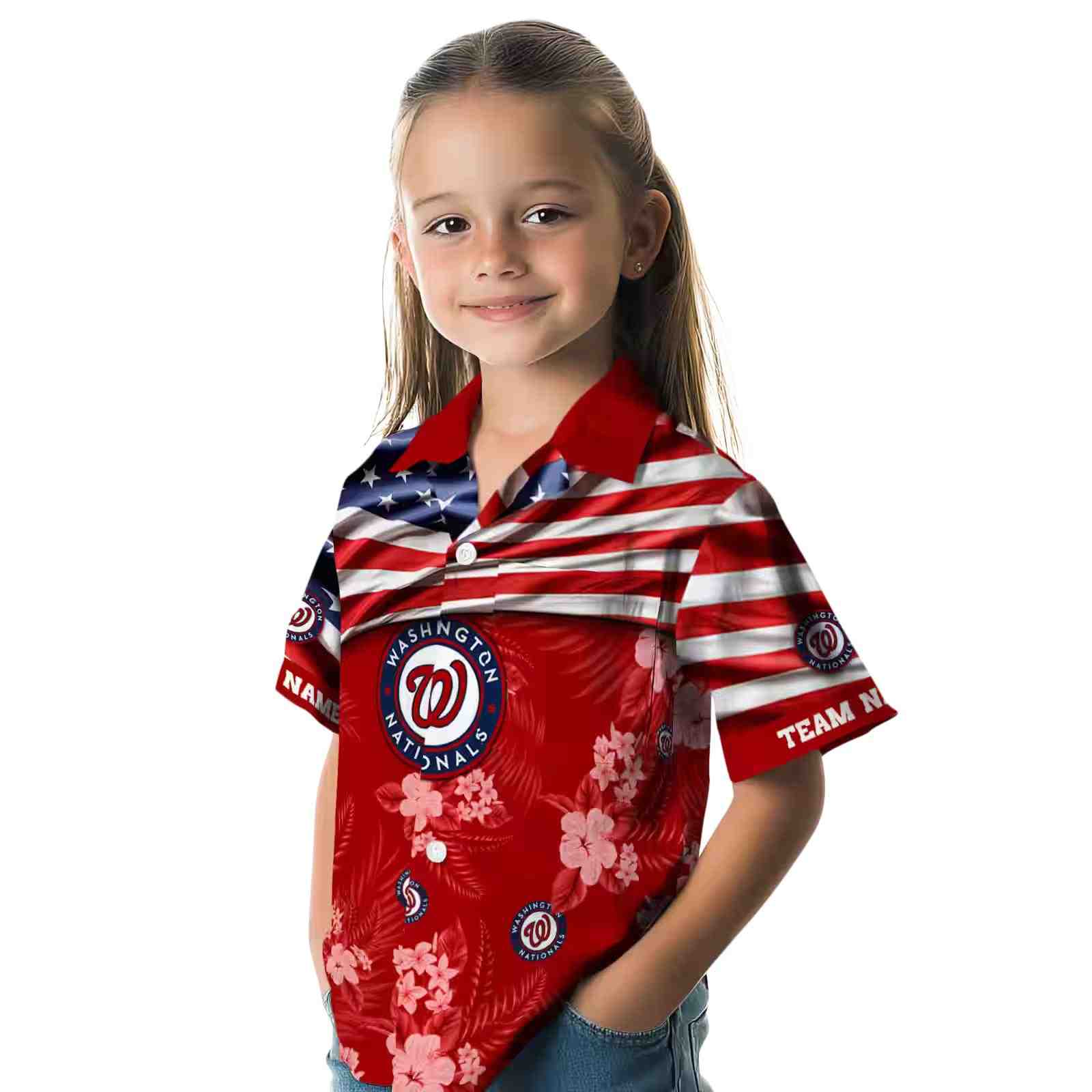 customized washington nationals us flag hibiscus red hawaiian shirt premium grade