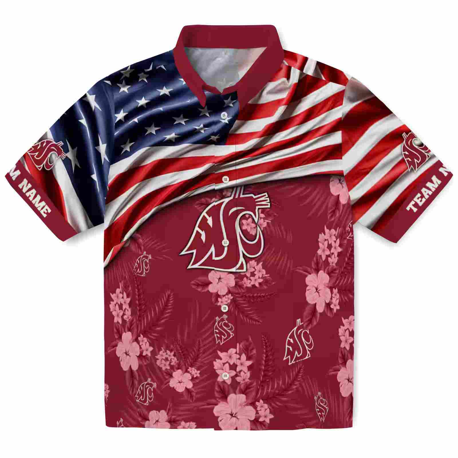 Customized Washington State Cougars US Flag Hibiscus Crimson Hawaiian Shirt