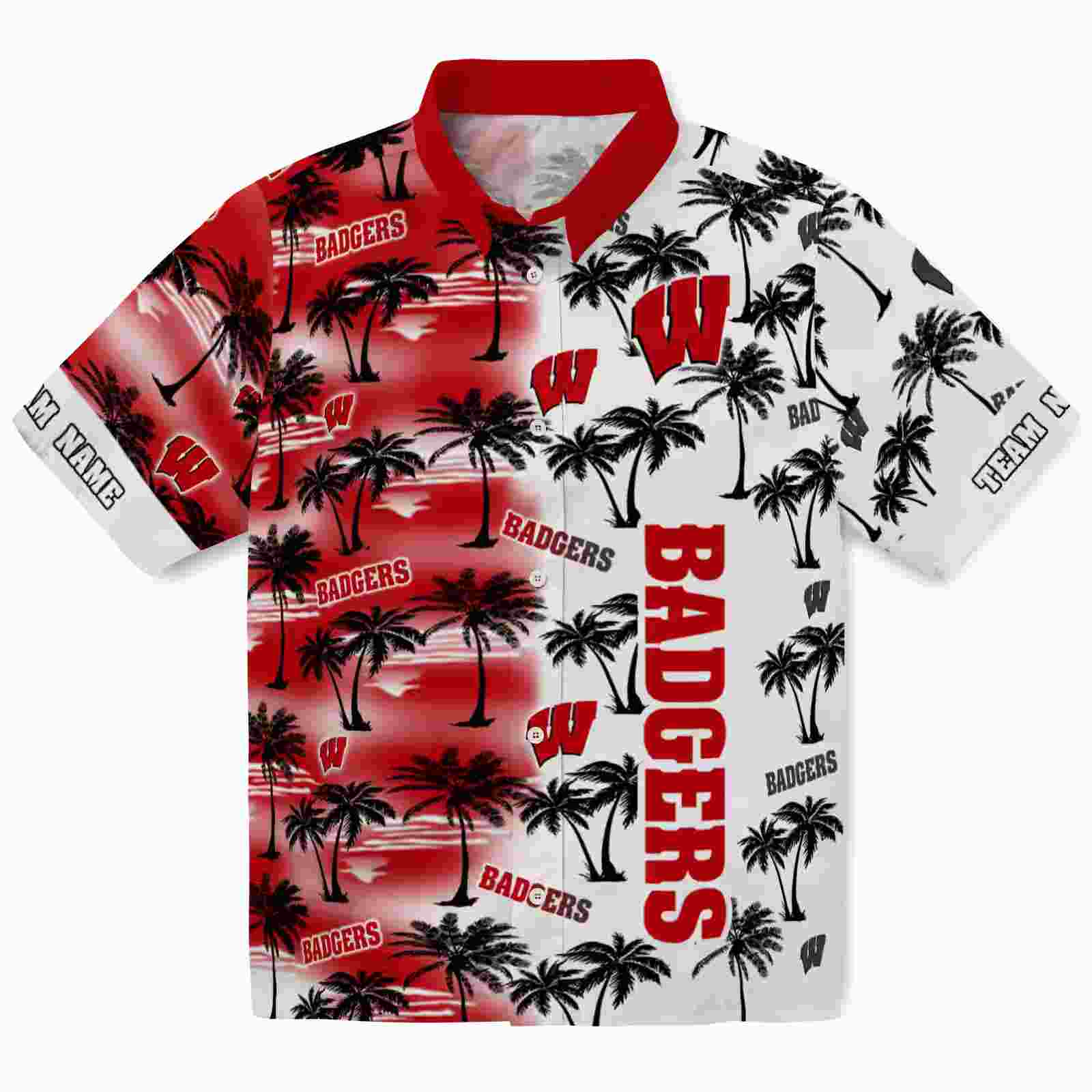 Customized Wisconsin Badgers Palm Silhouettes Red Hawaiian Shirt